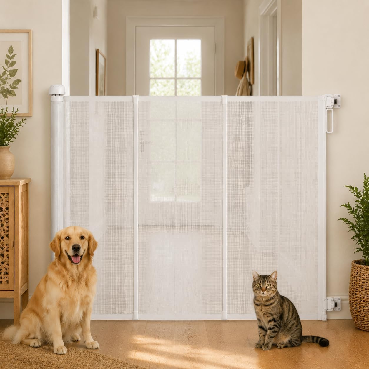 Barrera Retráctil Extra Alta para Mascotas, Ideal para Escaleras Y Puertas - Barrera De Malla Ancha para Perros Y Gatos - Puerta Y Valla para Perros, Apta White 47.24 Tall x 59.06 Wide