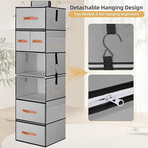 Miniatura 5 de Organizador colgante de armario con 6 estantes, estantes colgantes mejorados para armario con 5 cajones extraíbles y bolsillos laterales,