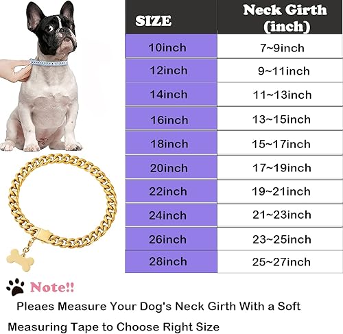 Miniatura 6 de SUNEW Collar de cadena de metal para caminar con diseño de etiqueta de perro, hebilla segura, collar de cadena de eslabones cubanos resistente a