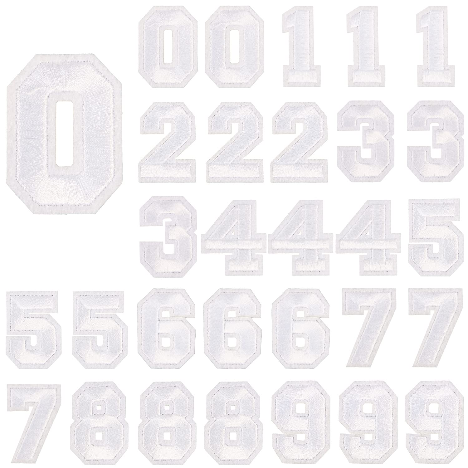 CCINEE 30pcs Small Iron on Numbers, White Heat Transfer Numbers 2 Inch 0 to 9 Sew on Embroidered Applique Patches for Jean Hat Jacket Backpack Shirts Bags Handicrafts