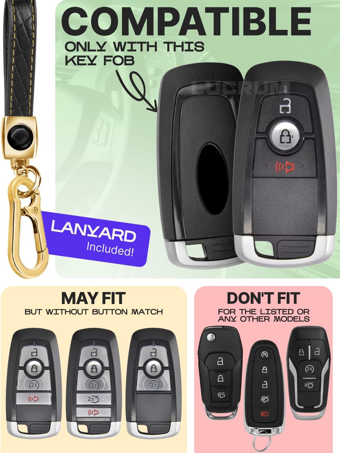 Lucrum Compatible with Ford Key Fob Cover & Leather Keychain, Keyfob Case for Bronco Explorer Edge Escape Expedition Fusion - Image 2