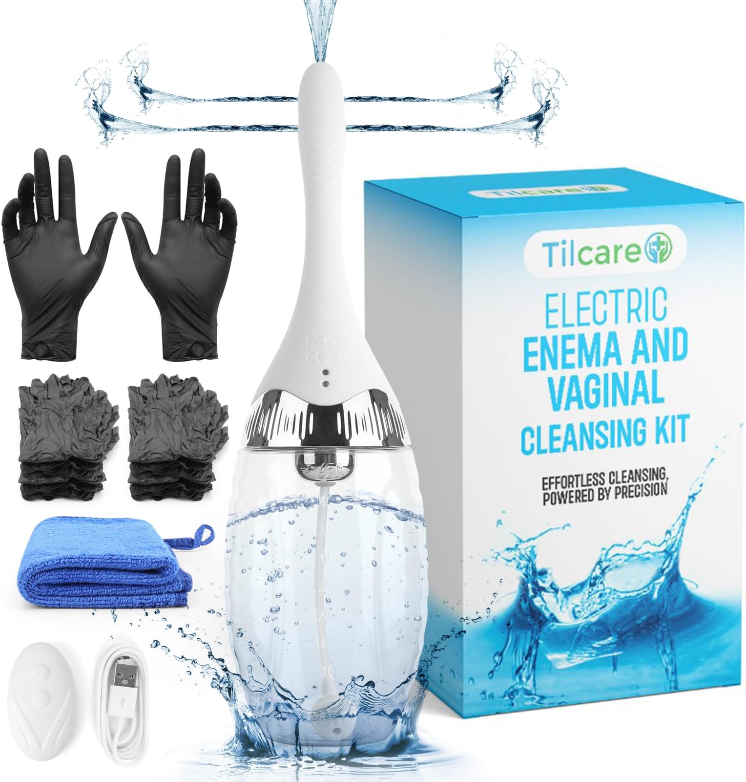 Enema & Vaginal Douche Kit by Tilcare - Electric Douche with 3 Speed Settings & Remote Control - Enemas for Colon Cleanse for Women & Men - Soft Silicone Enema Bulb Cleaner with 15 Gloves & Towel