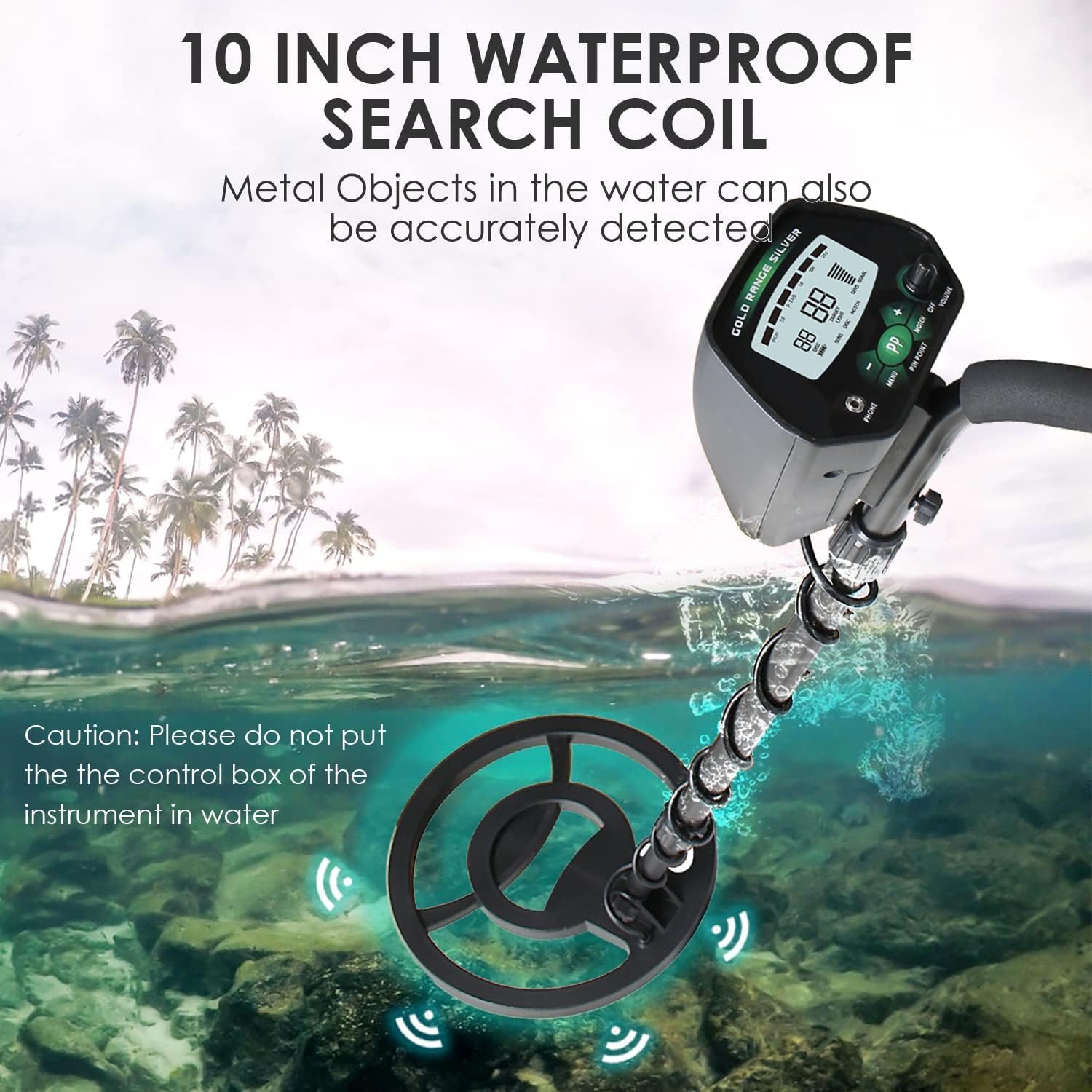 SUFFLA MD3040 Metal Detector being used in shallow water, with a caution about the control box