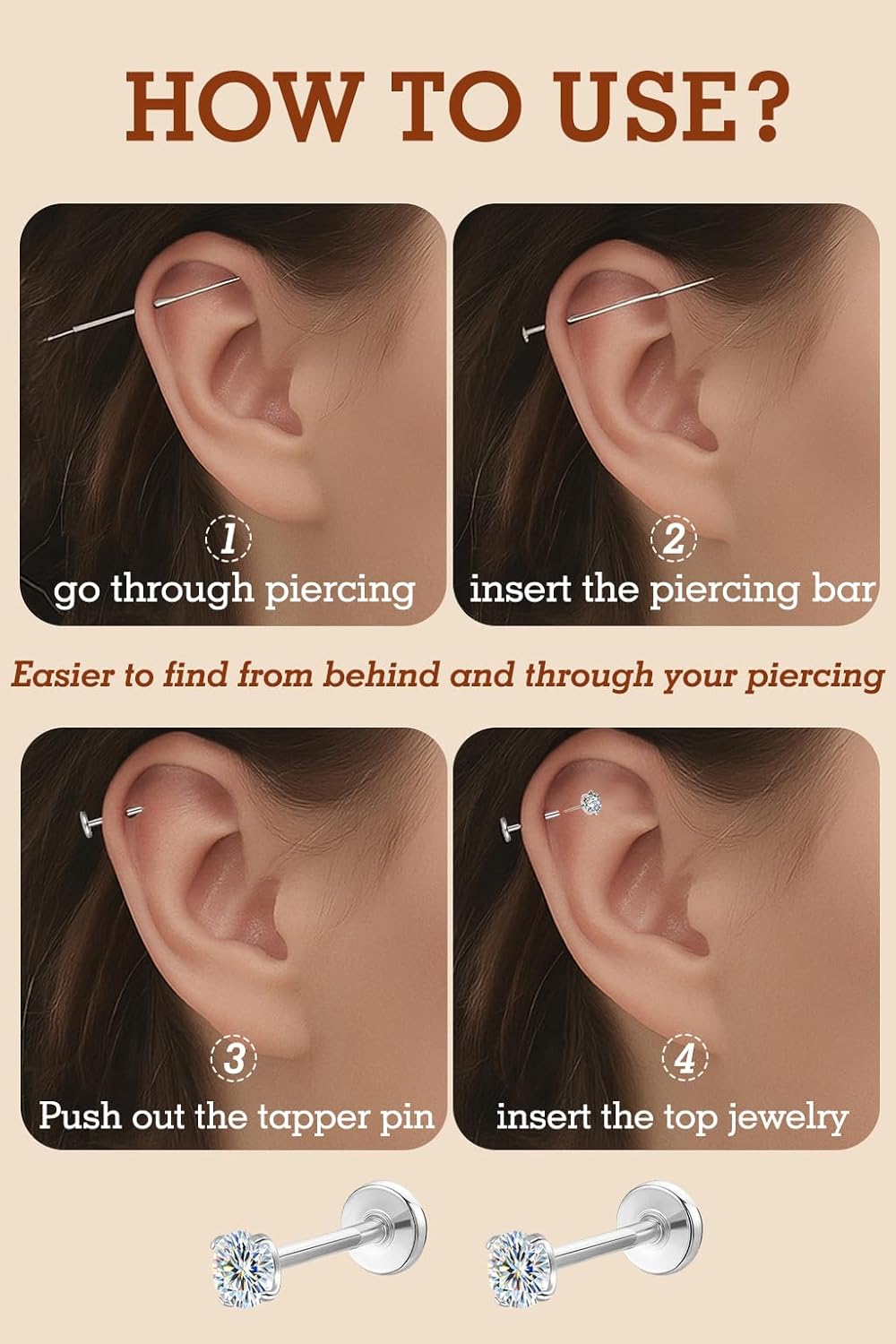 VOJO 3 Pairs Moissanite & Titanium Flat back Earrings, 20G Threadless Labret Stud for Women, Tragus Cartilage Nose Piercing Jewelry, Hypoallergenic Body Earrings