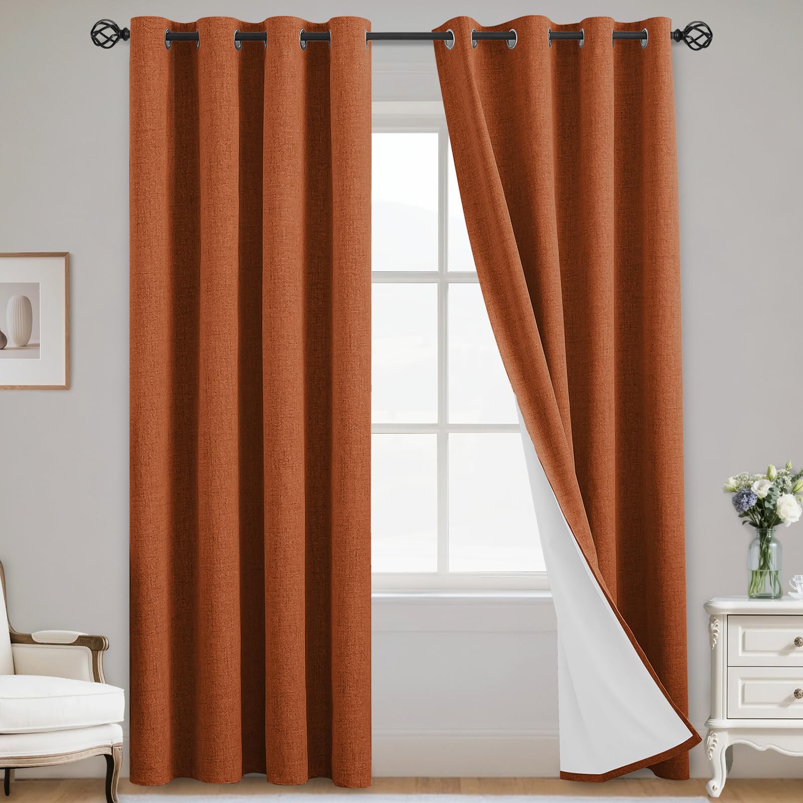 Yakamok Burnt Orange Linen Curtains 100% Blackout 84 Inches Long, Room Darkening Textured Darpes for Living Room Thermal Grommet Bedroom Panels with White Liner(52x84 inch, 2 Panels) — image 1