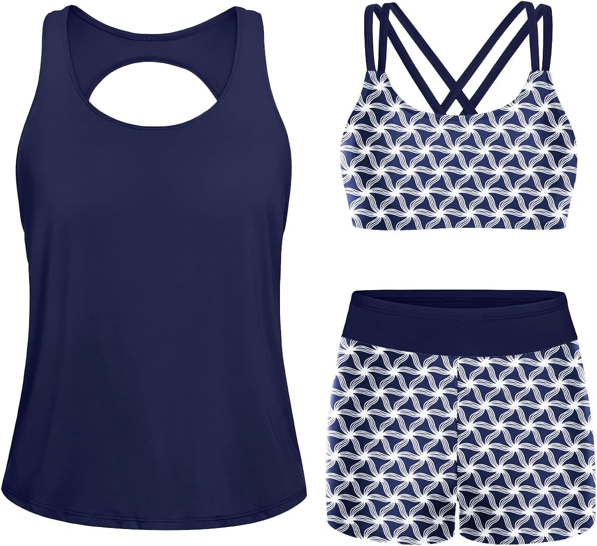 Yonique 3 Piece Tankini Swimsuits for Women Swim Tank Top Bathing Suits with Boy Shorts and Bra Athletic Swimwear