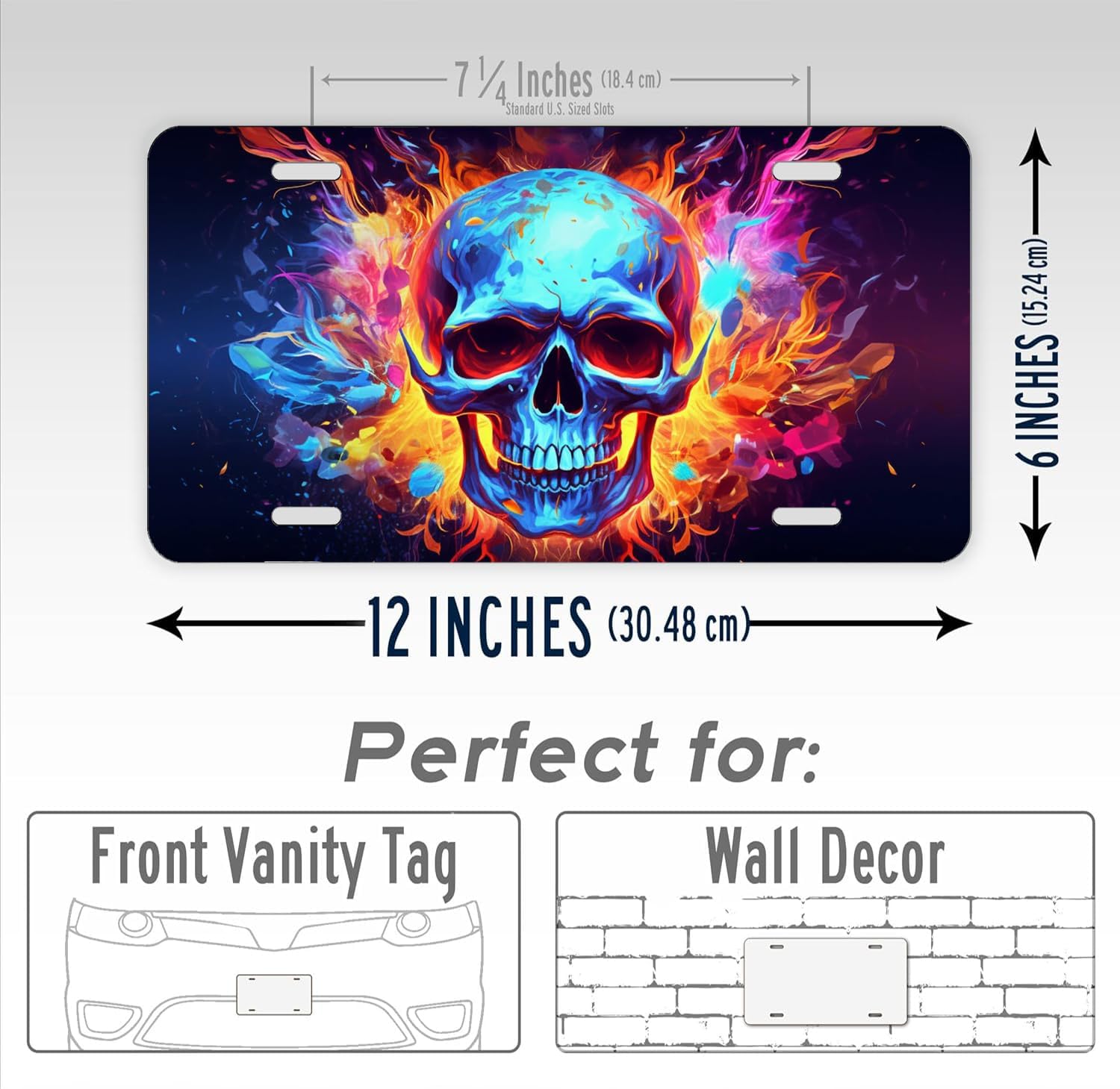 Skull Head.Front License Plate Cover Car Decor Accessory Aluminum Metal Rust-Proof US Car Plate Novelty Vanity Tag Cover with 4 Holes for Men Women 6 * 12 in (LVCP10240015)
