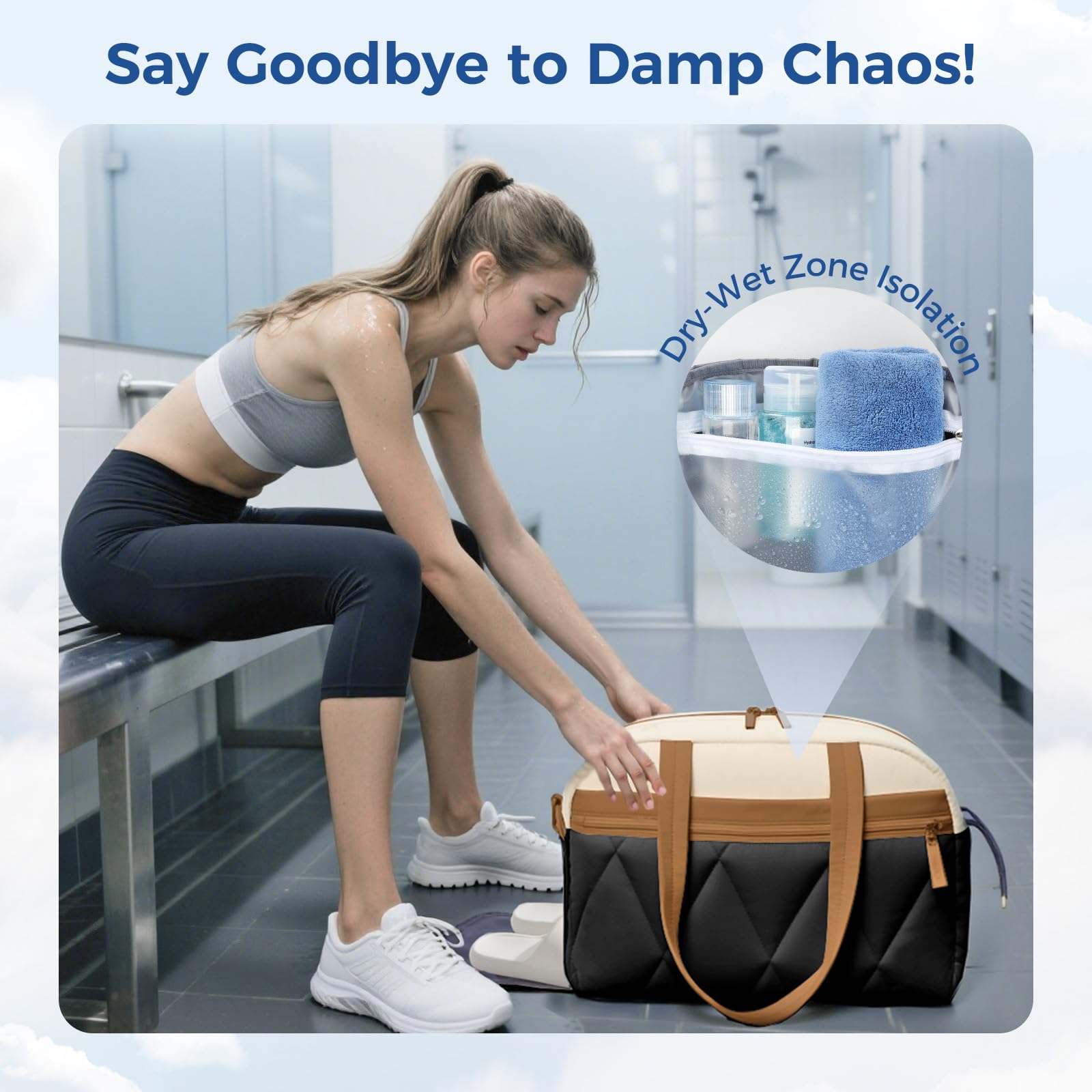 Sporttasche für Damen, Puffer-Reisetasche/Duffelbag mit Schuhfach und Nasstasche, Handgepäck-Tragetasche für Wochenende, Übernachtung, Sport, Beige und Braun, Large, Leichtgewichtig