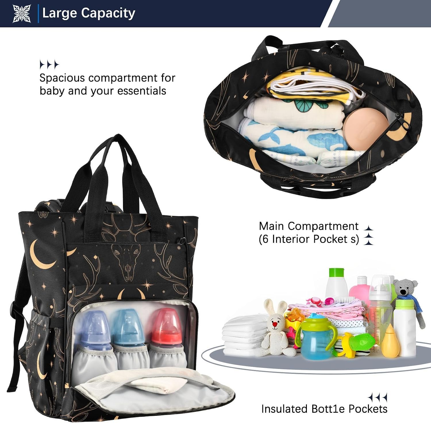 senya Diaper Bag Backpack, Golden Deer Skull Multifunction Travel Bag for Moms Dads image 5