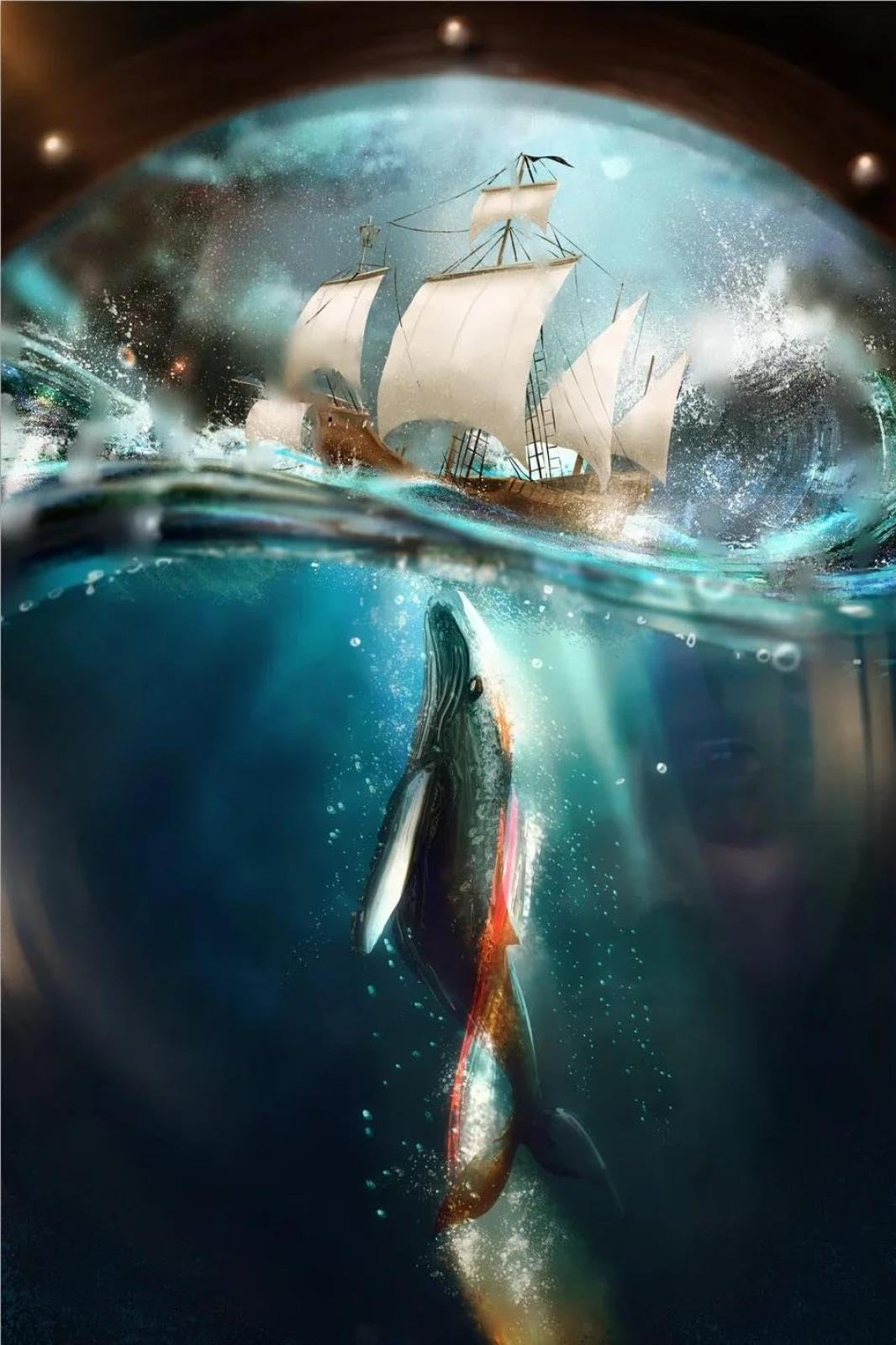 Baibexing Cartoon Humpback Whale Canvas Painting Underwater Waves Boat Blue Whale Dream Fantasy Poster Prints Living Room Home Decor A1 50X70Cm Unframed