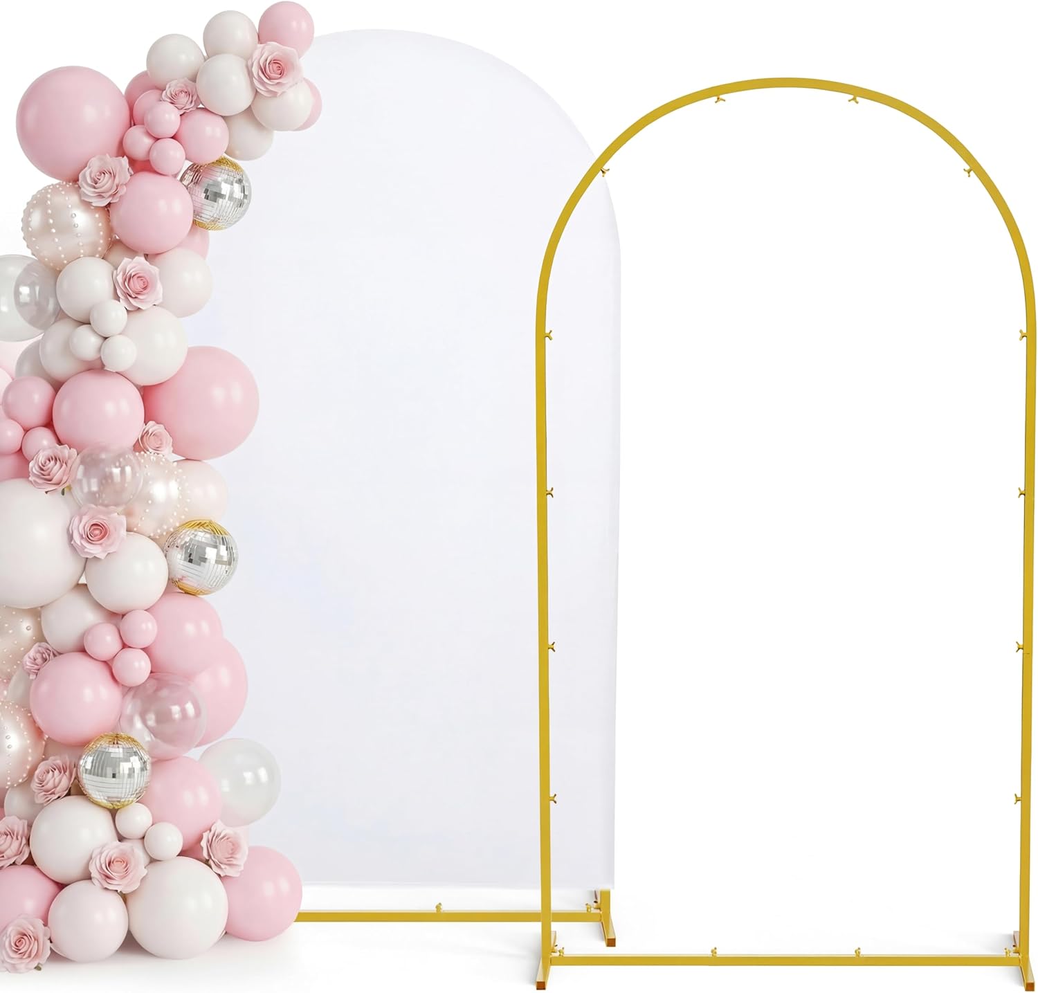 7.2FT Metal Arch Backdrop Stand and Cover Set, Gold Wedding Backdrop Arch Stand with Cover, Balloon Arch Stand with White Arch Cover for Birthday Party, Baby Shower, Anniversary Event (White, 7.2FT)