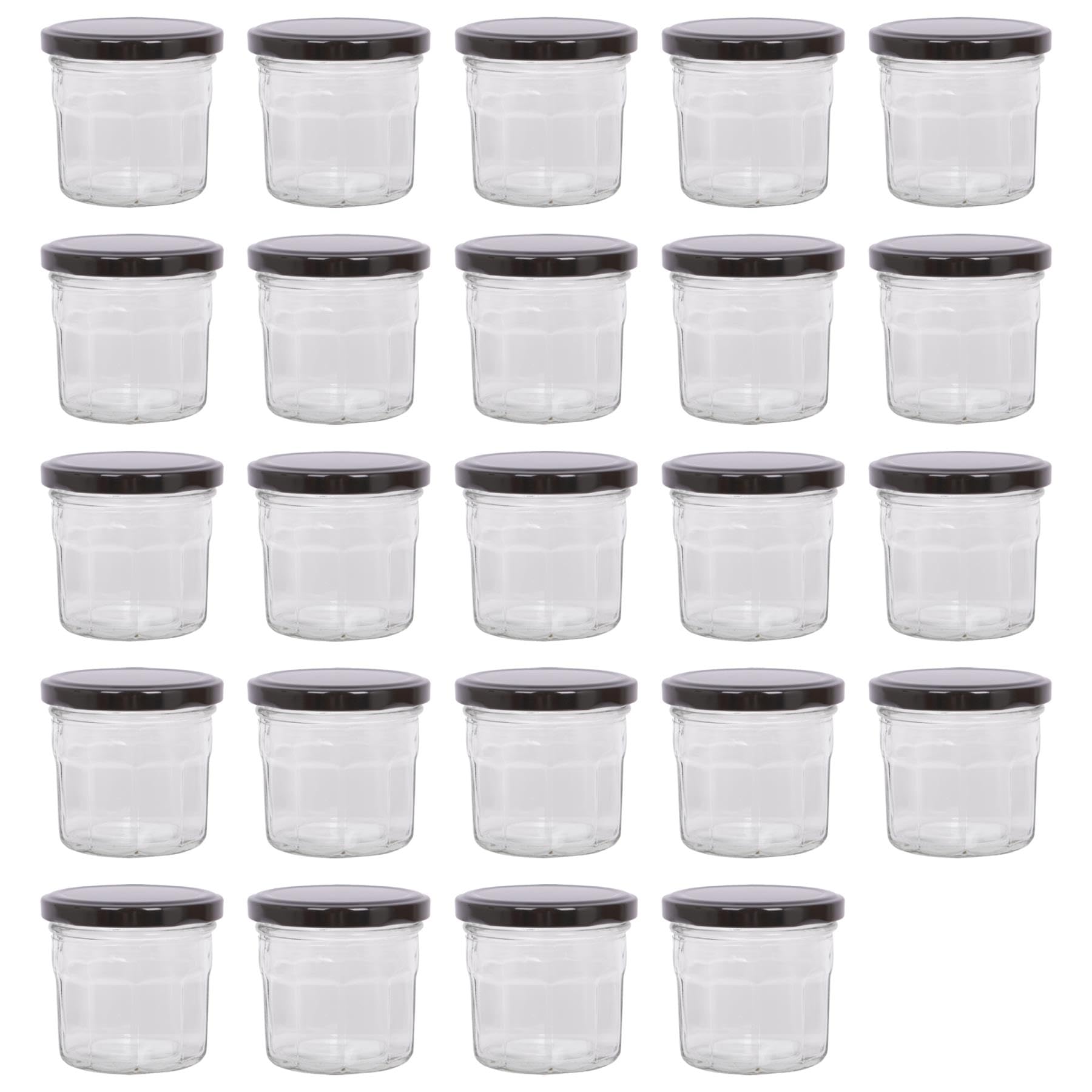Argon Tableware Black Lid Glass Jam Jars With Airtight S - 130Ml - Pack Of 24 - Empty Screw Top Kitchen Storage Jar For Food, Honey, Spice, Pickling, Preserving, Candle Making
