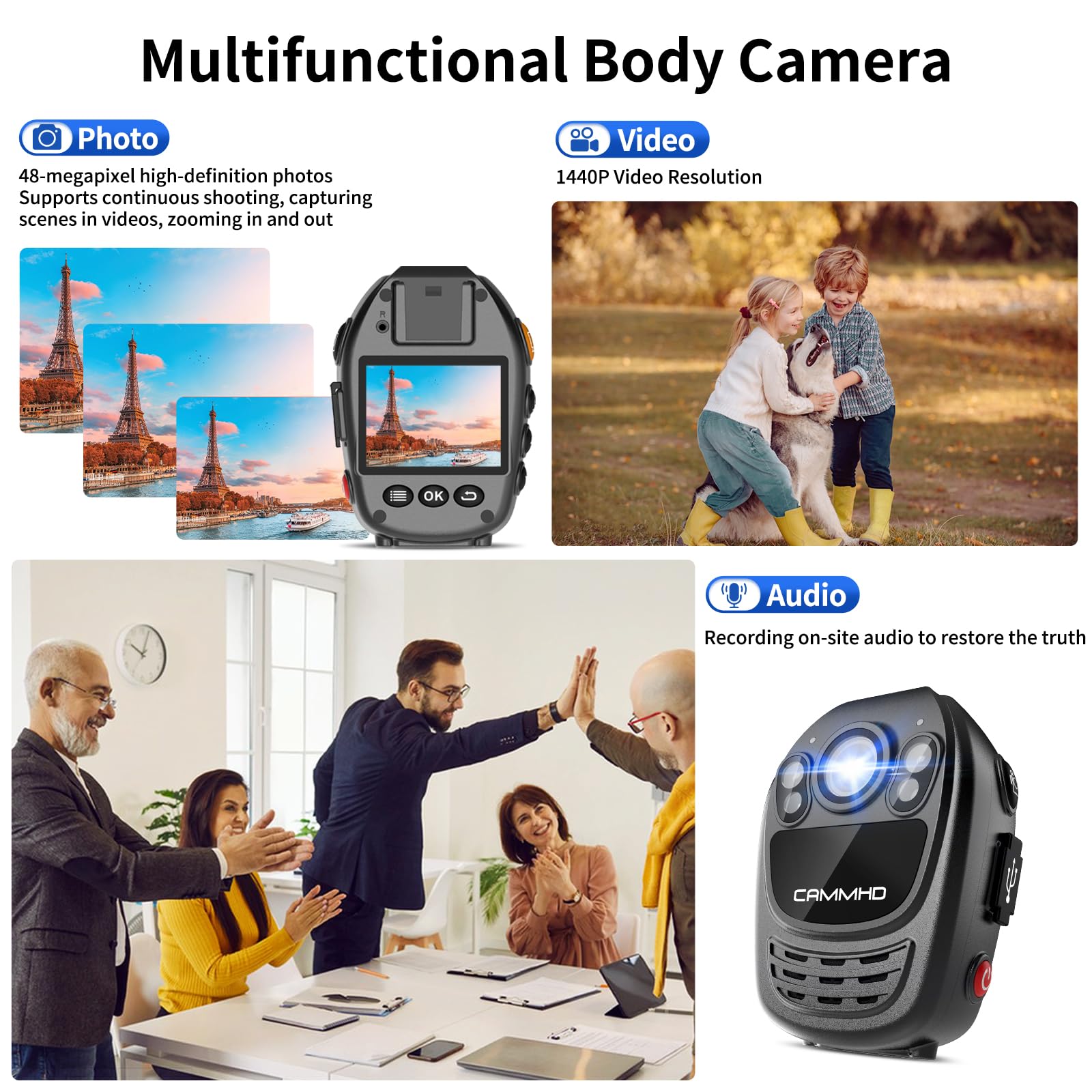 CAMMHD 1440P HD Body Cam mit Audio und Video 12-Stunden-Aufzeichnung Bodycam Infrarot-Nachtsicht-tragbare Body Camera mit erweitertem Speicher-Design für Sicherheit(Keine Karte enthalten)
