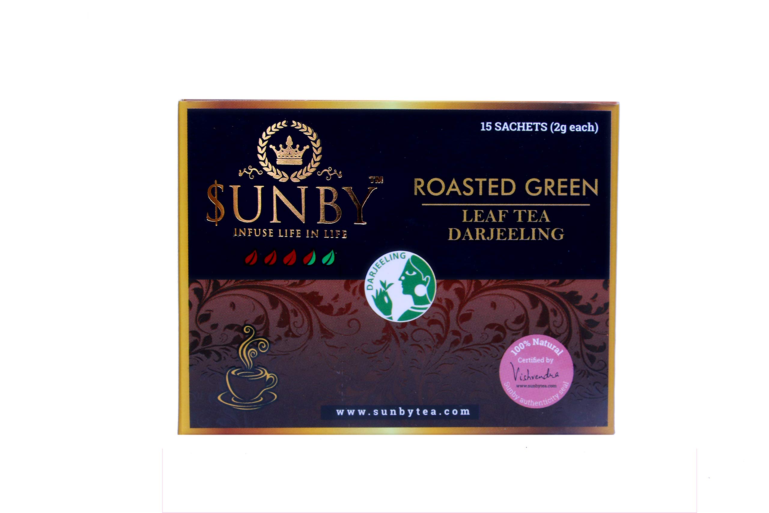 Sunby, Pure Luxury Darjeeling Roasted Green Tea Bags (15) | 100% Natural | Unblended Tea Leaves | Certified by Tea Experts | High Strength | Medium Caffeine