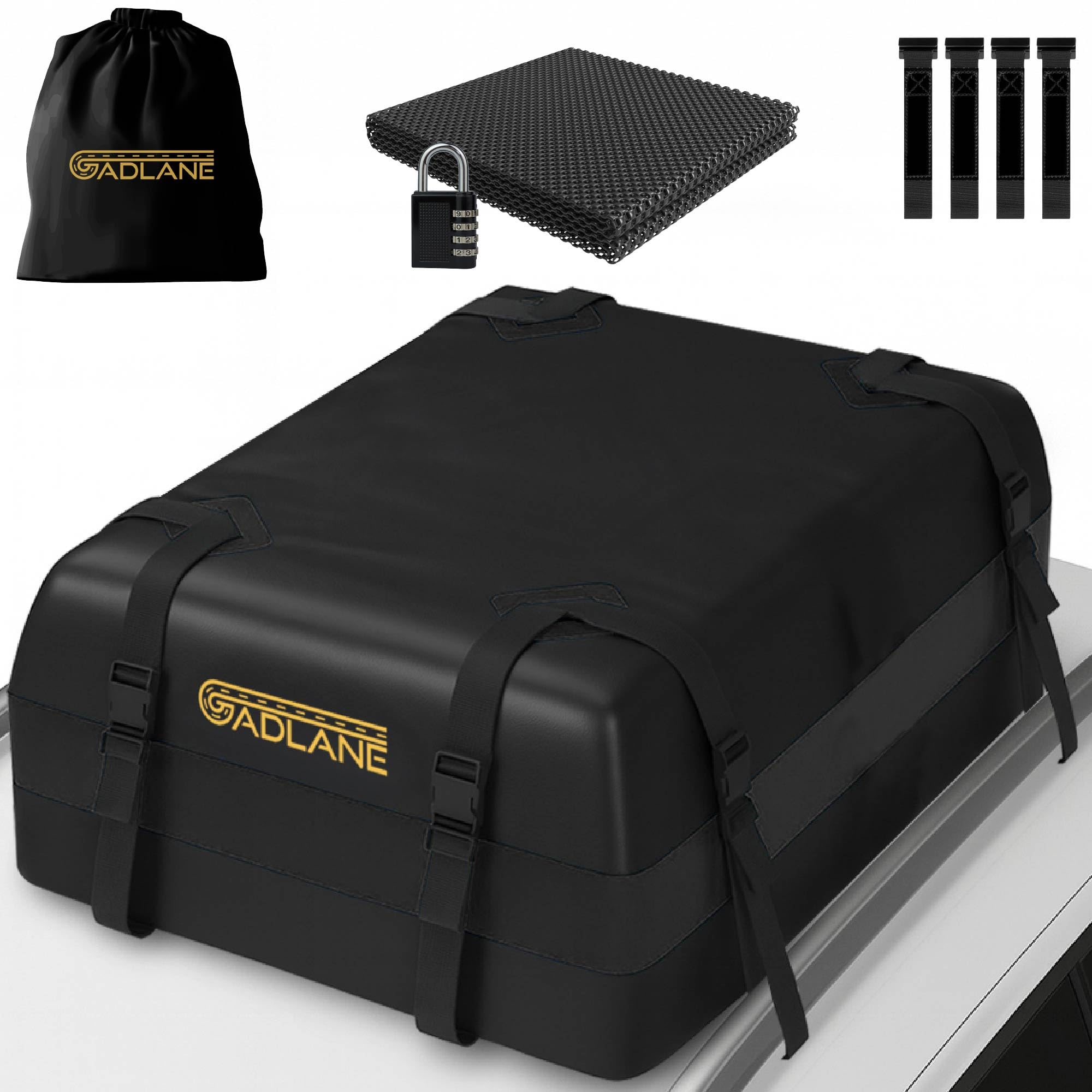 GADLANE Borsa da Tetto per Auto - 425L Box da Tetto Impermeabile per Auto con/senza Portapacchi, con Tappetino Antiscivolo, 4 Cinghie Robuste, Lucchetto a Combinazione, Borsa Portaoggetti (Nero)