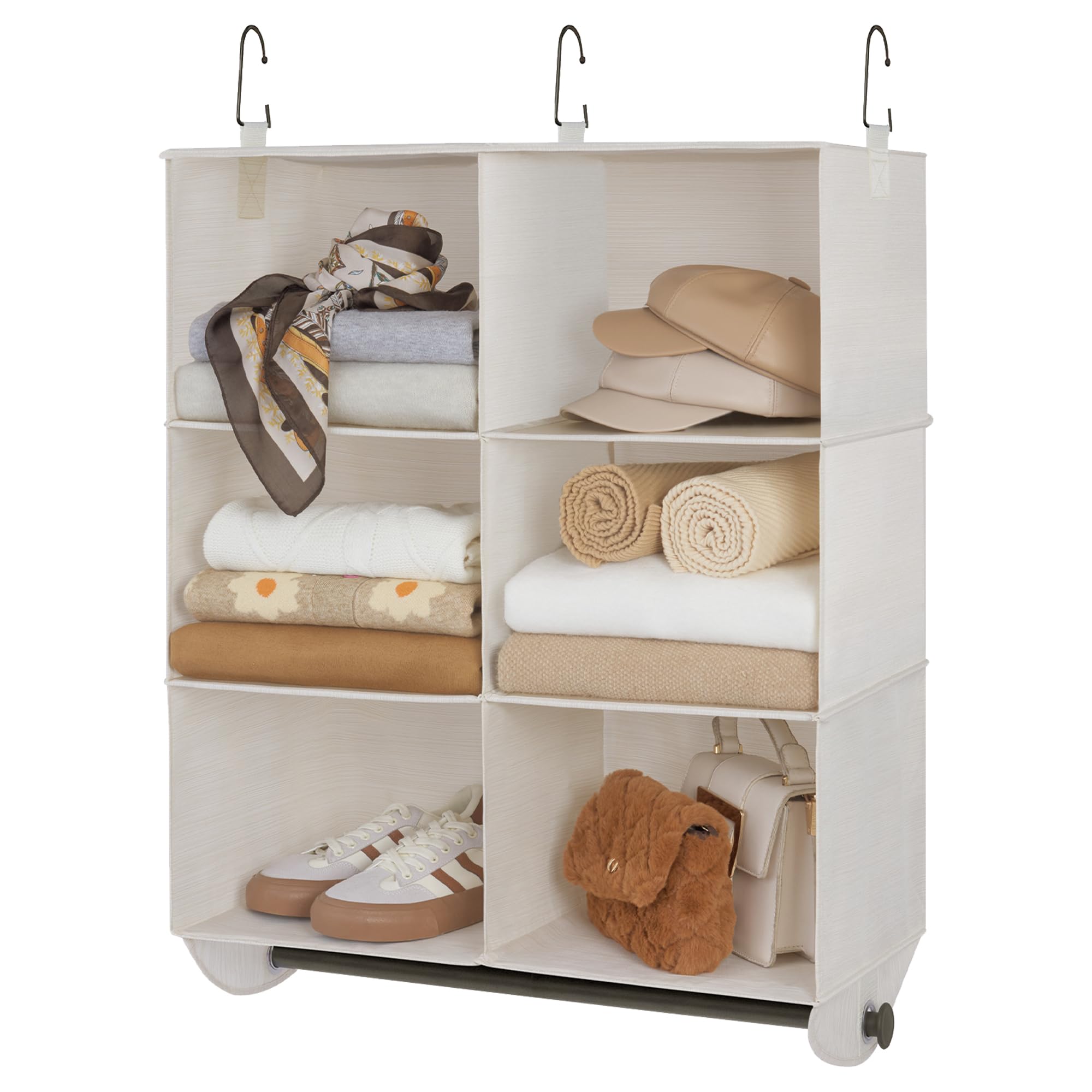 Hanging Closet Organizer with Metal Rod, 6-Section Closet Organizers and Storage, Collapsible Hanging Shelves for Baby Clothes, Shoes, Sweater Storage, Ivory and White