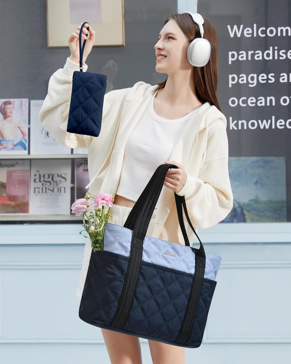 LOVEVOOK Puffer Tote Bag for Women, Puffy Work Handbag with Cup Holder, Travel Carry On Bag with Zipper for Teacher Nurse Gym