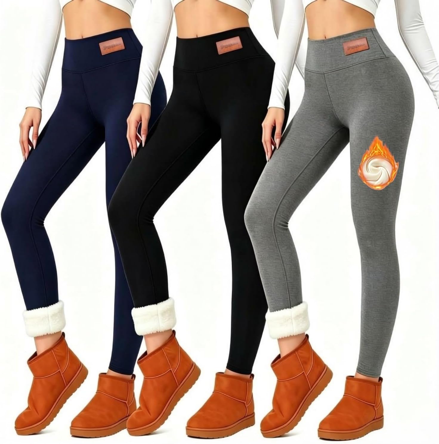 3 Pack Women High Waist Sherpa Fleece Lined Leggings,4-Way Stretch Thick Thermal Yoga Pants for Cold Weather