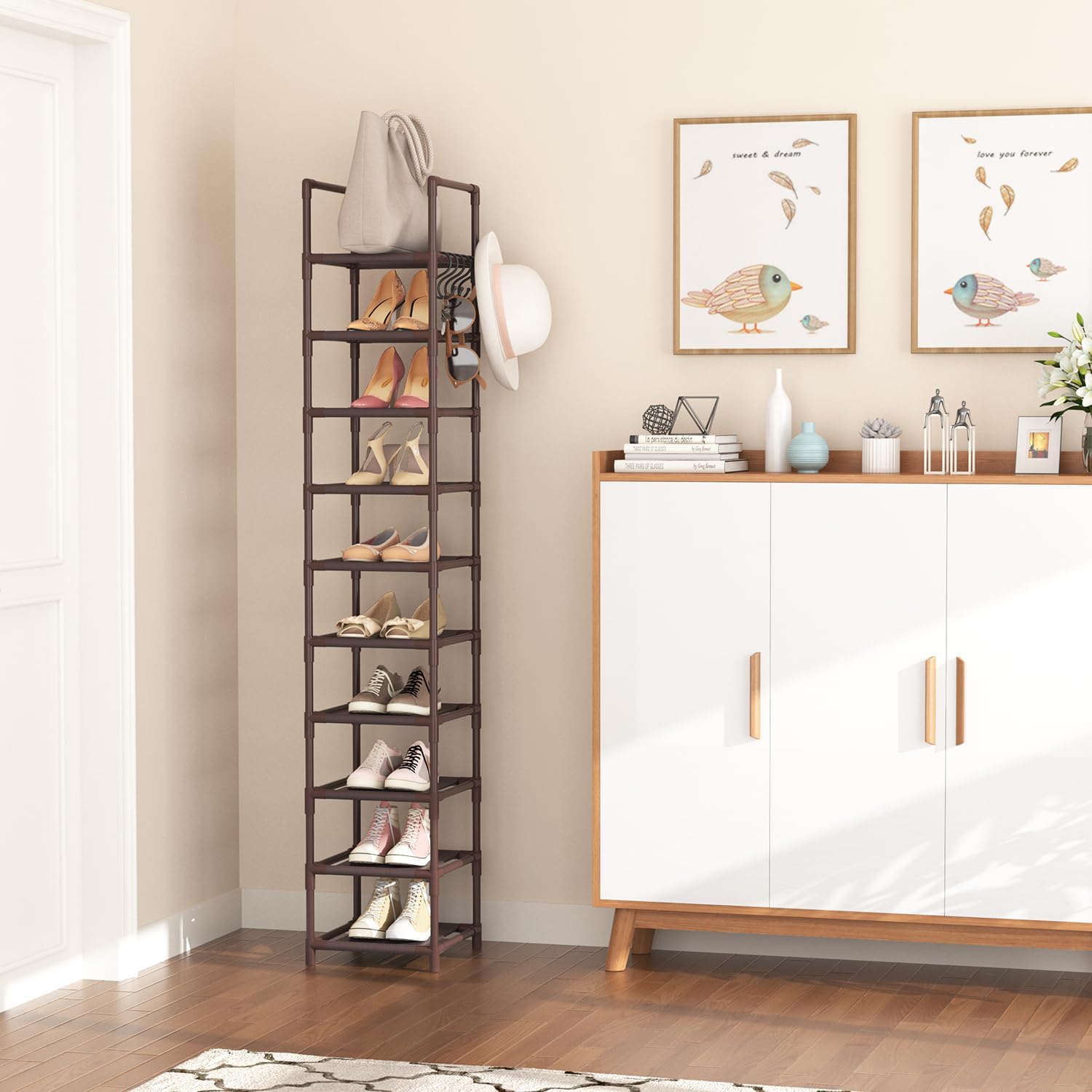 tall shoe rack 10-tier narrow shoe shelf storage for 10-15 pairs shoe and boot, sturdy shoe storage space saving corner shoe rack organizer for closet, entryway, living room, brown 10 tiers brown