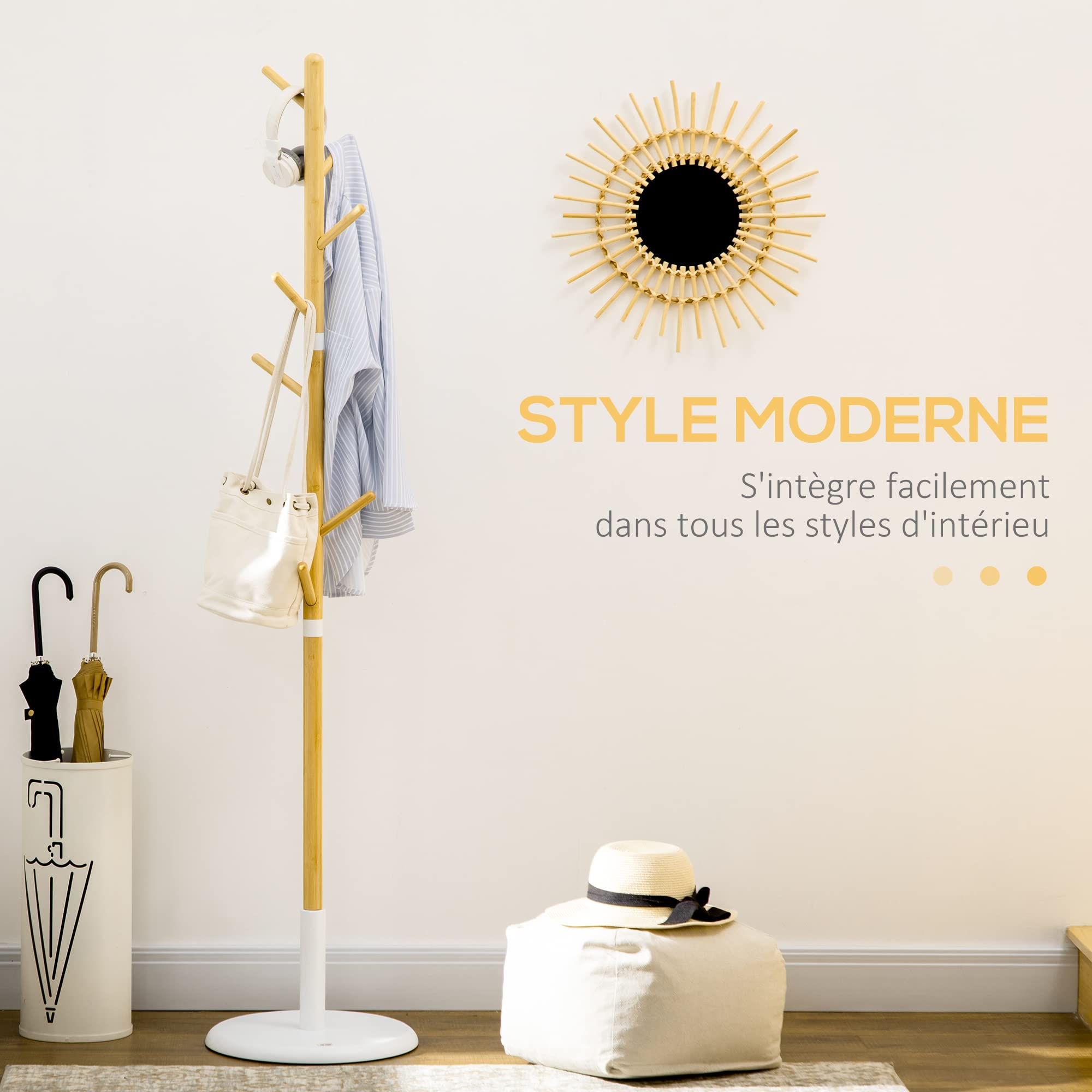 HOMCOM Portemanteau sur Pied Meuble d'Entrée 8 Patères 175,6H cm | Portant à Vêtements, Vestiaire, pour Vêtements Chapeaux, Entrée Couloir, en Bambou et Métal