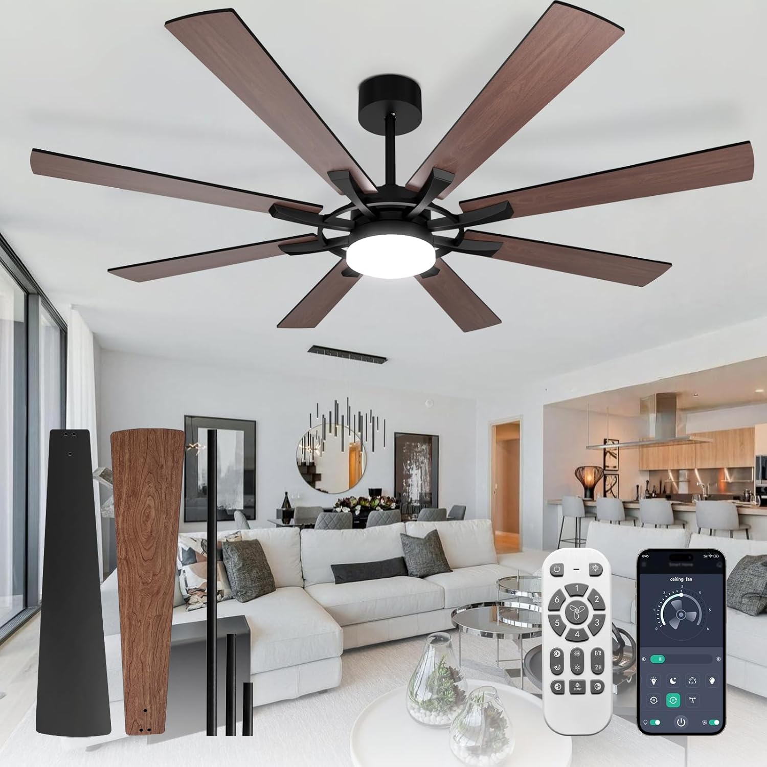 Depuley 72-Inch Ceiling Fan with Light: Modern 8-Blade Walnut and Black Indoor Outdoor Fans with Remote App Control Dimmable Light - Ultra Quiet DC Motor Reversible 6 Speed Timer