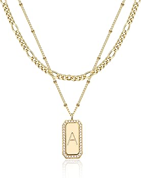 TONTMY STUDIOS Necklace for Women Gold Figaro Chain Choker Layered Set Initial Bar Rectangle Pendant CZ 2 Layer 14K Gold Filled Simple Dainty Satellite Chain Everyday Personalized Jewelry