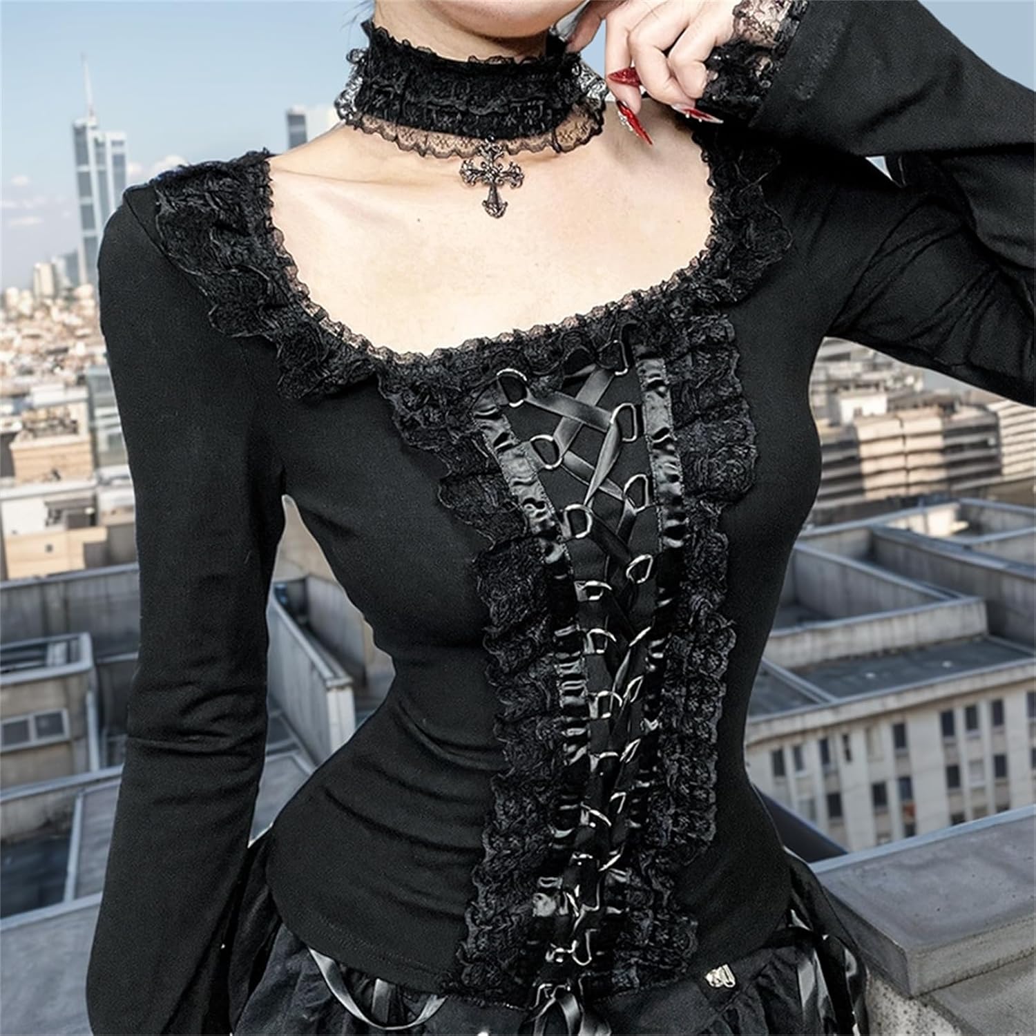 Goth Top T Shirt Women Punk Long Sleeve Square Neck Lace-Up Vintage Cute Y2k Grunge Emo