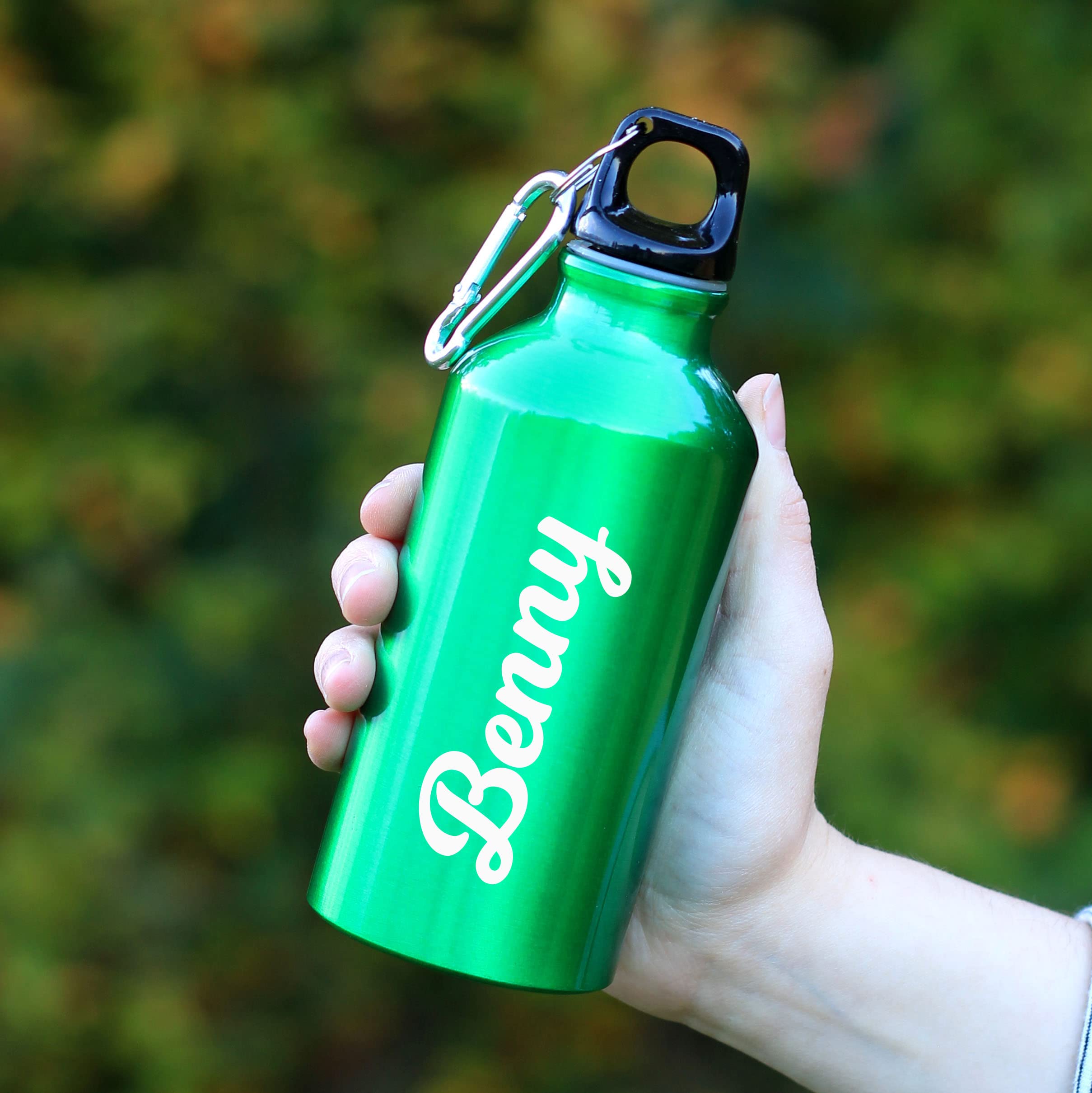 eBuyGB Personalised Kids Water Bottle with Carabiner Clip for School, PE, After School Club - Unisex Reusable BPA Free 400ml Metal Drinks Bottle for Children - Any Name (Green)