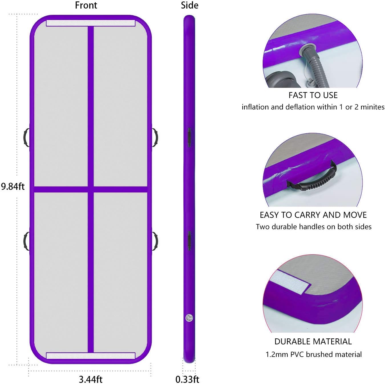 EZ GLAM 10ft/13ft/16ft/20ft Air Mat Tumble Track Inflatable Gymnastics Tumbling Track Mat with Electric Air Pump for Cheerleading/Practice/Beach/Park/Home use 10ftx3.3ftx4in(3x1x0.1m) Purple-L