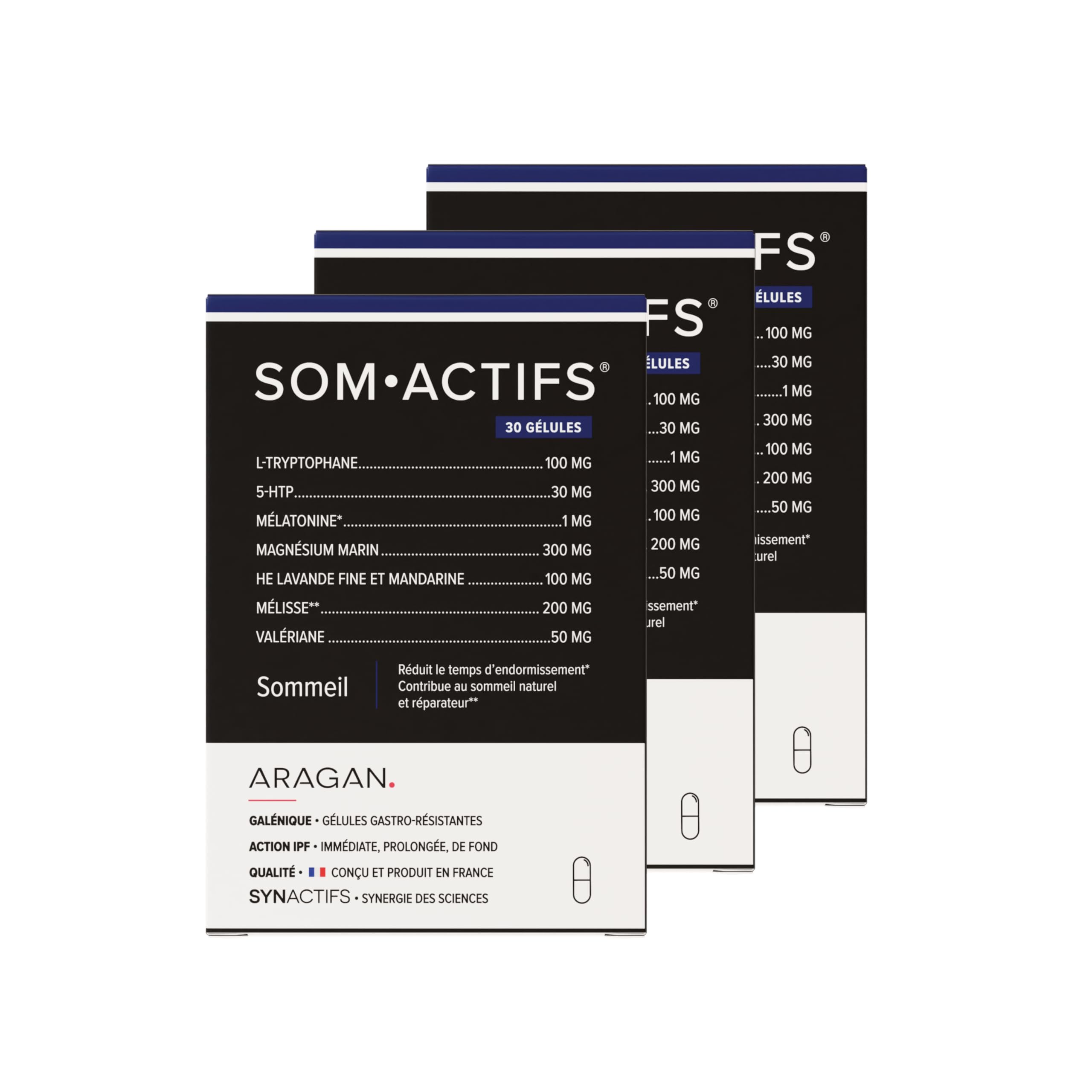 ARAGAN Synactifs Lot de 3 Somactifs | Complément Alimentaire Sommeil Adulte | Mélatonine, Mélisse, Valériane, Huiles essentielles, Magnésium | 90 gélules | 1 à 2 mois de prise Fabriqué en France