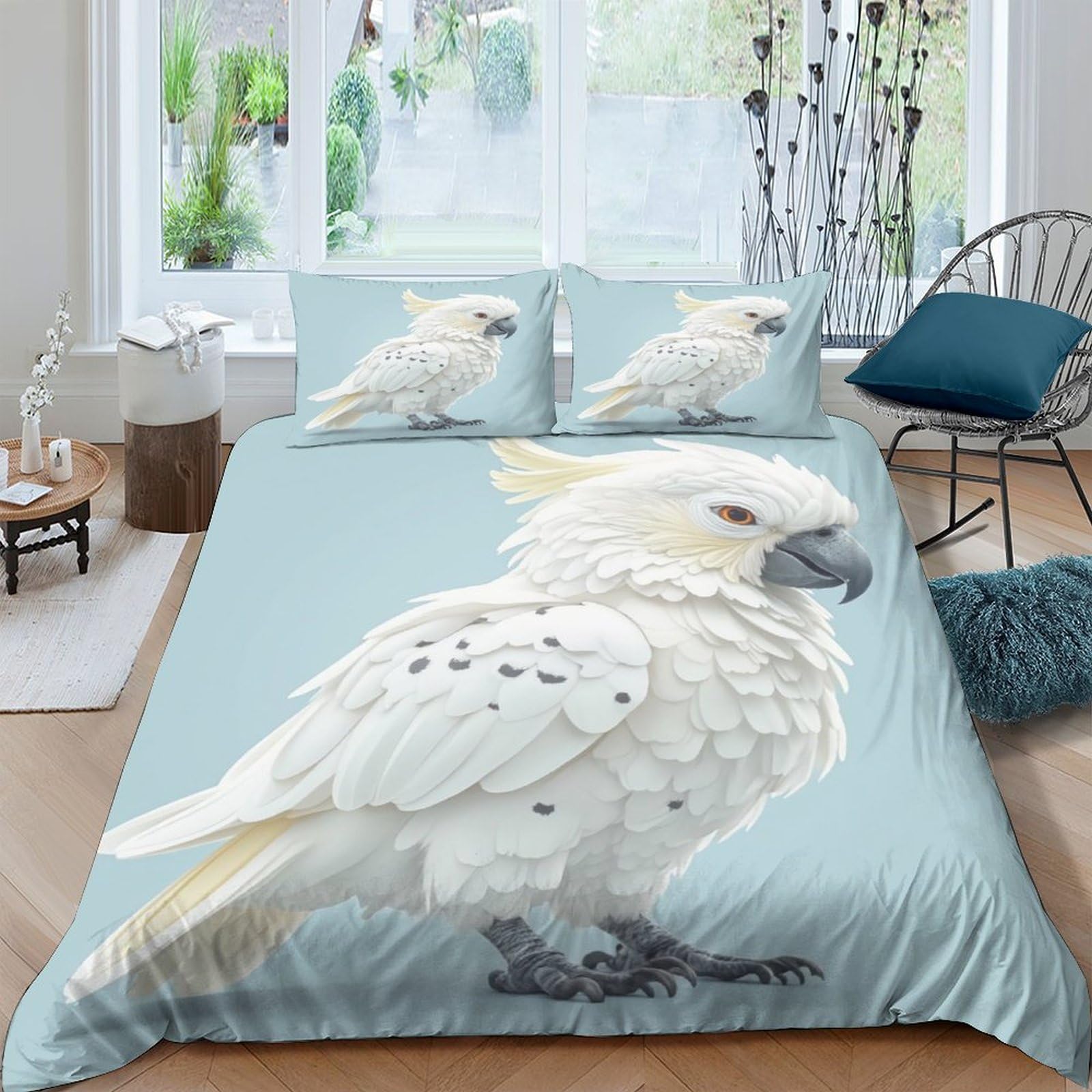 Ctjqhvkz Style-3 3D Printed White Cockatoo Fitted Sheet Microfiber Soft Breathable Blue Parrot Mattress Cover Bedroom Decor Single（135X200cm）