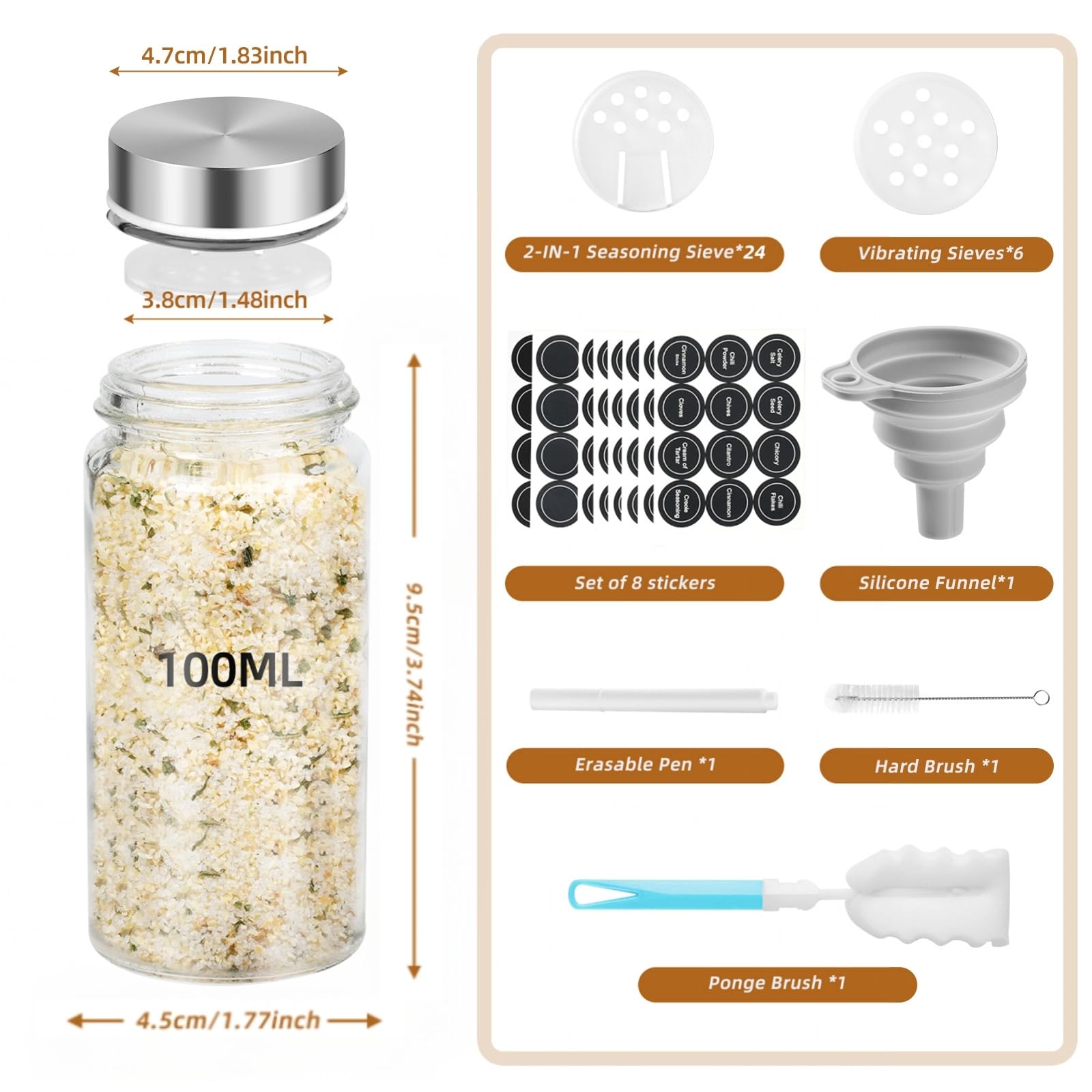 FRIBERG 24 PCS Barattoli Spezie per Cucina,100 Ml,Barattoli per Spezie in Vetro Tondo, Set Spezie Da Cucina, Con Coperchi in Acciaio Inox, Con Imbuto, Spazzola per La Pulizia, Penna E Adesivi
