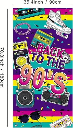 Miniatura 3 de Cartel de puerta de feliz cumpleaños de los años 90 de 35 x 71 pulgadas, cubierta retro para puerta de fiesta con reproductor de cassette, diseño de