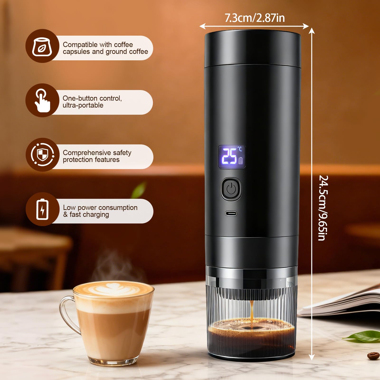 Macchina per caffè espresso portatile 3 in 1 con batteria – 20 bar, estrazione fredda/calda, compatibile con capsule e caffè macinato, 7800 mAh USB-C, mini macchina da caffè per campeggio, auto - 3