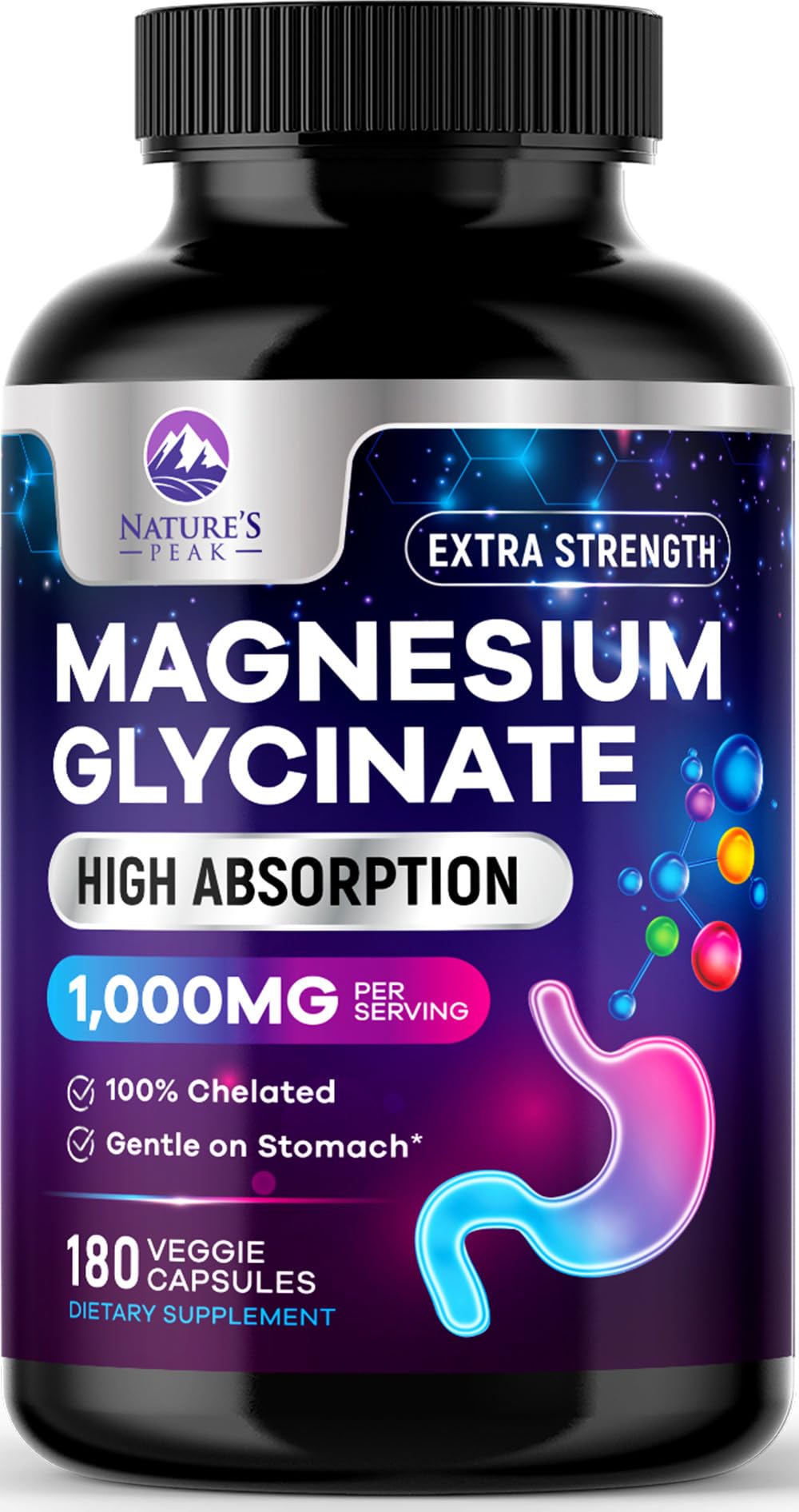 Magnesium Glycinate 1000mg - Pure & Chelated for High Absorption - Supports Muscle, Nerve, Bone & Heart Health - Best Magnesium Supplement for Gentle Sleep Support, Vegan, Bottled USA - 180 Capsules 180 Count (Pack of 1)