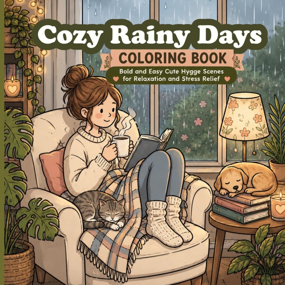 Cozy Rainy Days Coloring Book: Bold and Easy Cute Hygge Scenes for Relaxation and Stress Relief