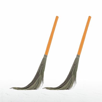 Mazic Super Sumo Floor Broom Stick, Indian Brush Jhadu with Long Handle, Floor Broom Made of Natural Grass No Dust Broom for Home, Kitchen, Garage, Pantry, School, and Office (Pack of 2, Orange)