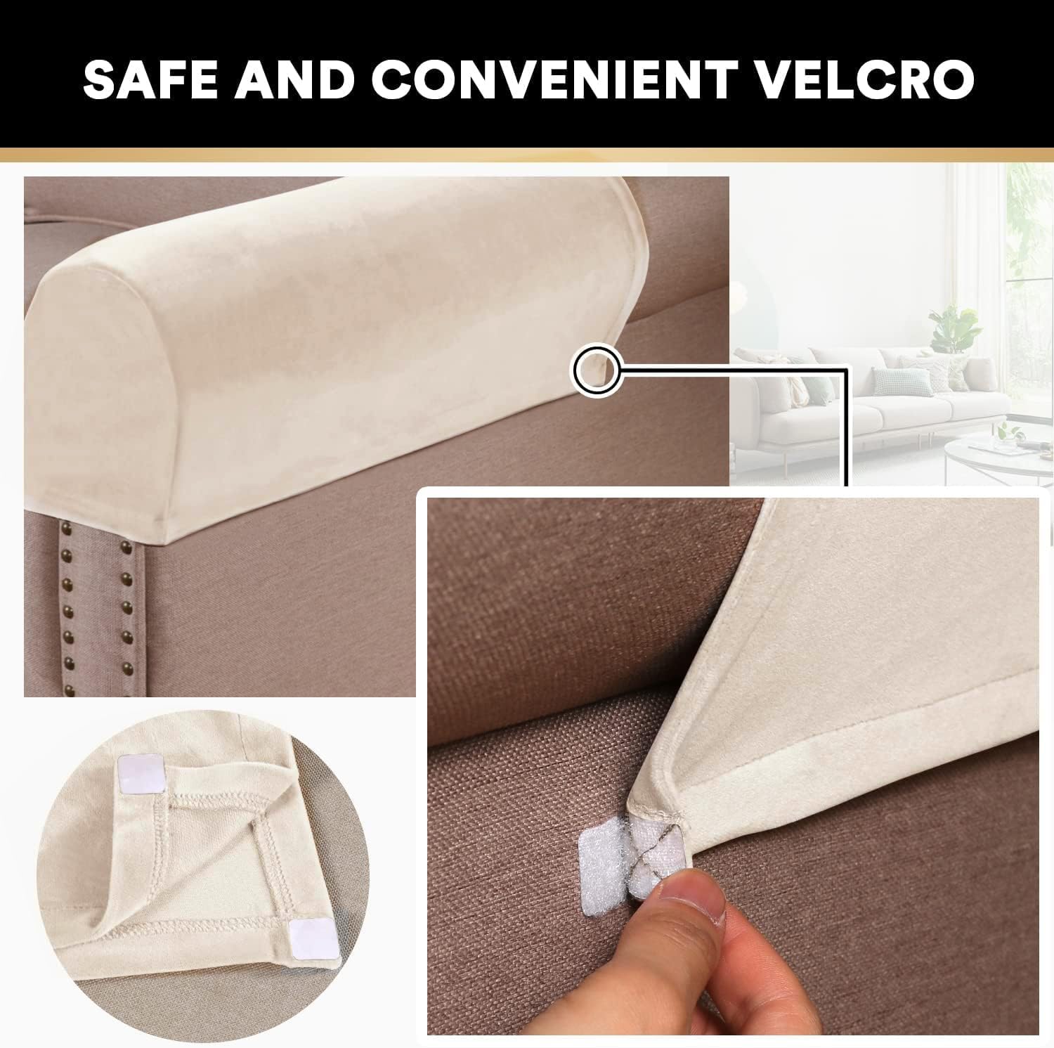 2 Pack Thick Velvet Stretch Armrest Covers for Chairs and Sofas Armchair Covers for Arms Couch Arm Cover Armrest Slipcover for Sofa Non Slip, Ivory