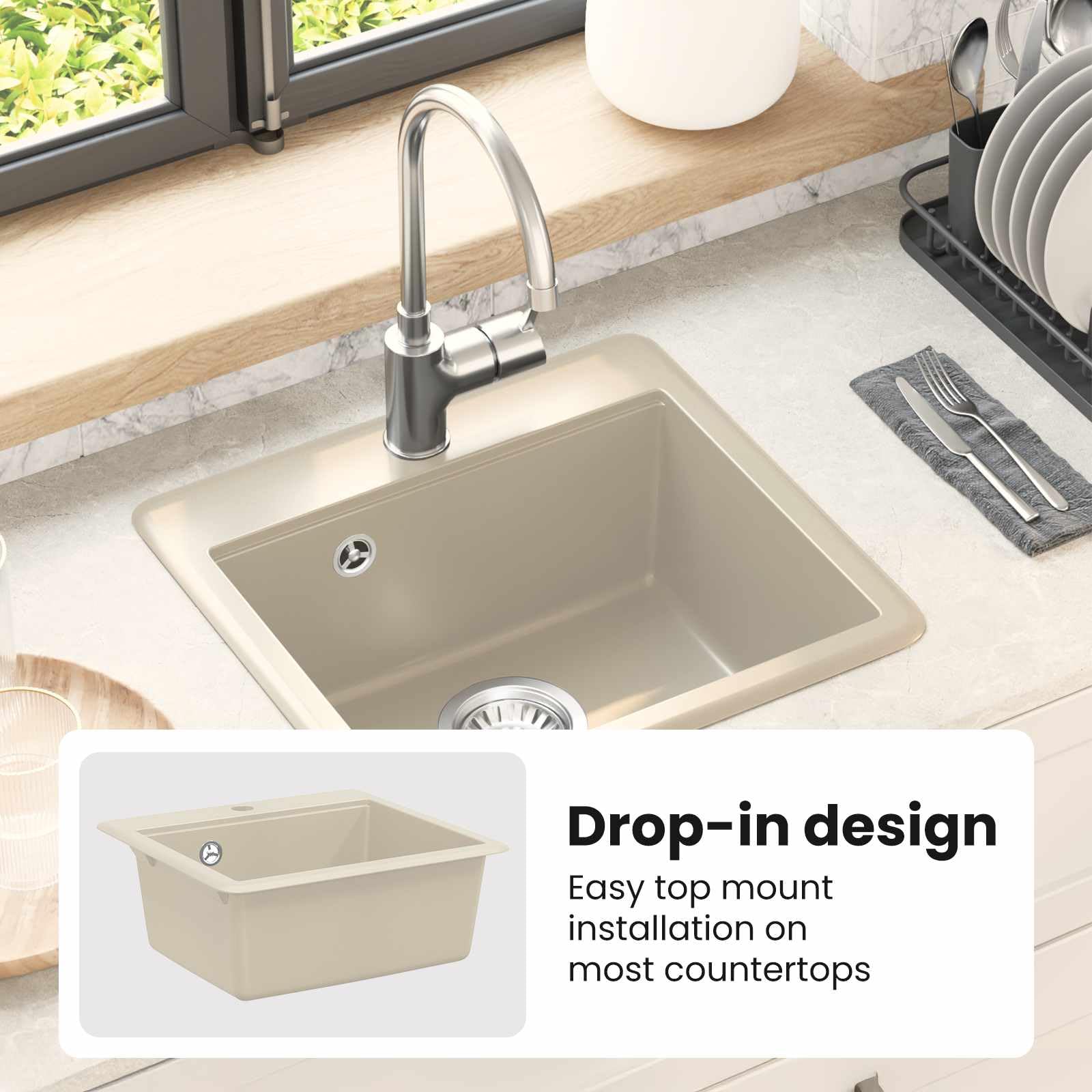 vidaXL Lavabo 80% Cuarzo y 20% Resina 470 x 440 mm Beige