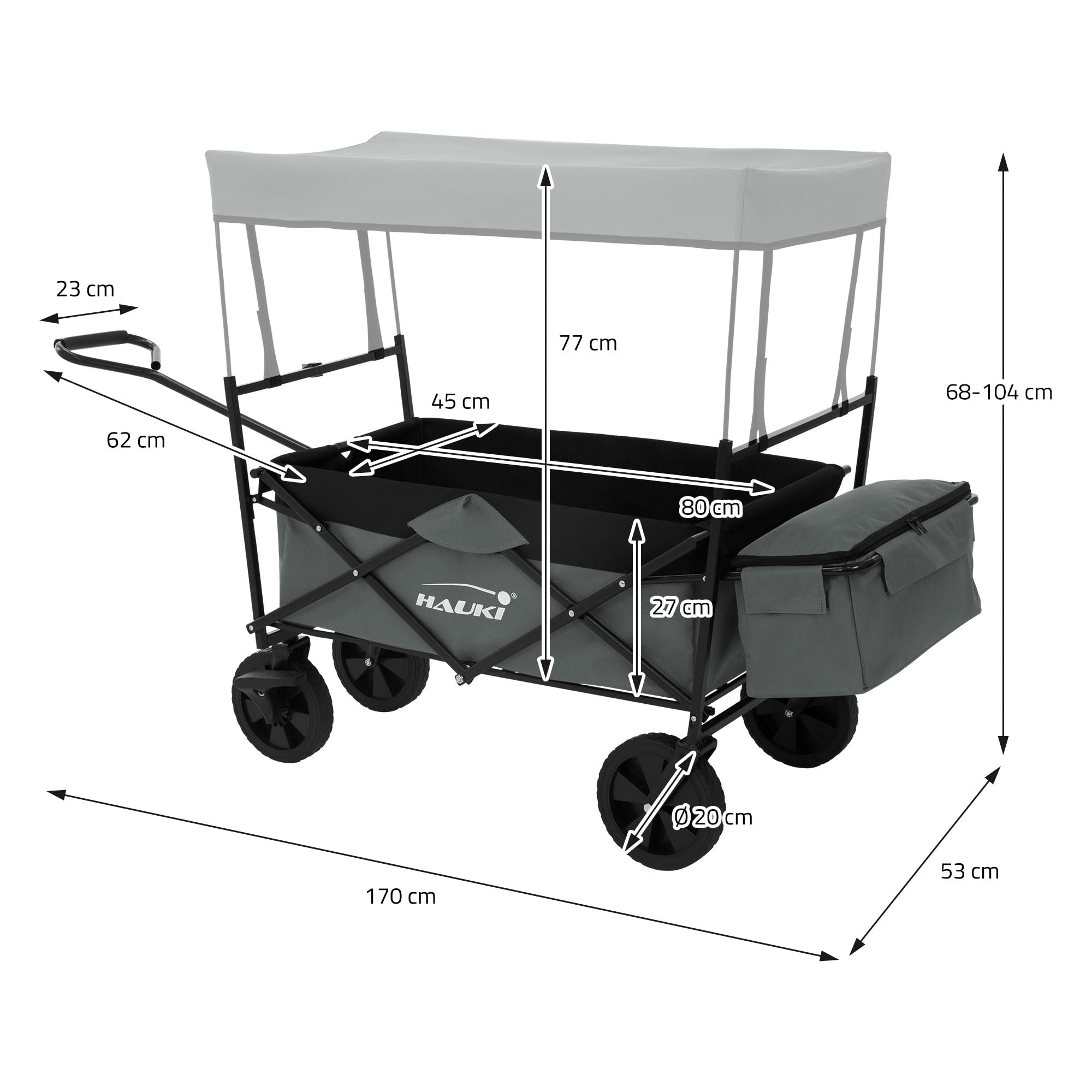 Hauki Carrello Pieghevole da Spiaggia per Bambini, Carretto a Mano per Trasporto Bimbi con Tettuccio e Borsa Posteriore, Carrello Portatutto con Parasole Grigio e Freno Ruote Anteriori, Carico 80 kg