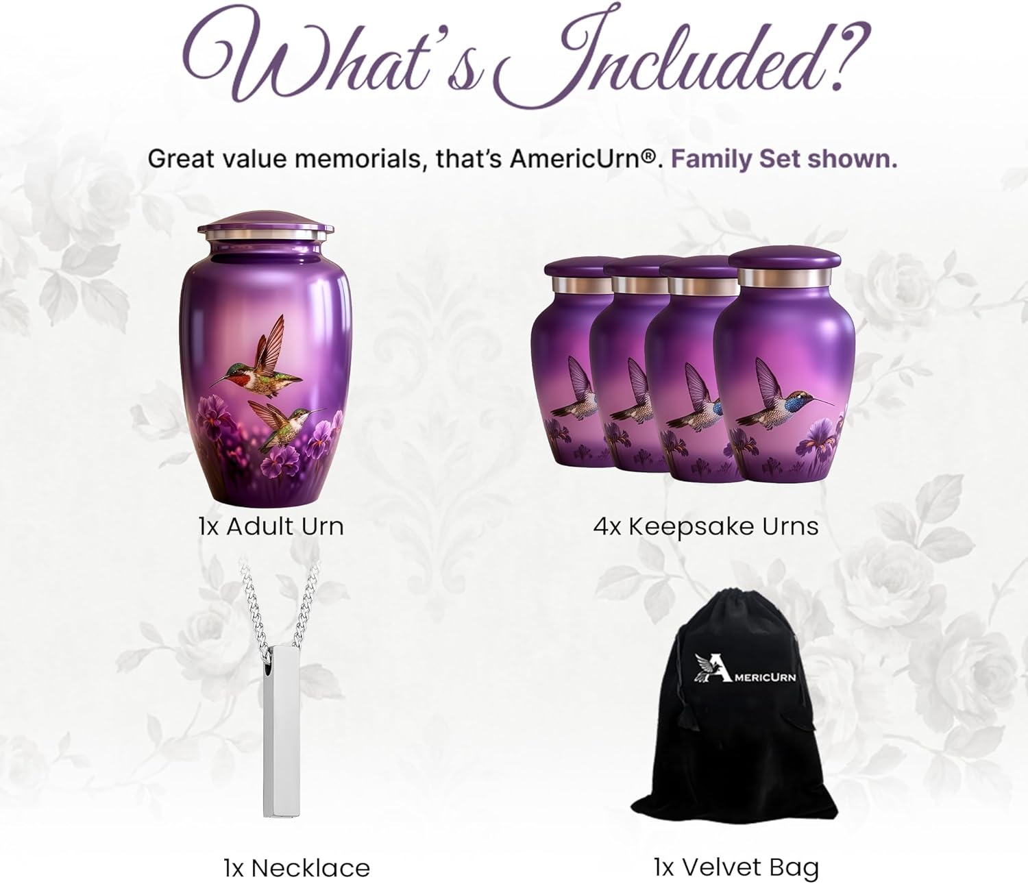 Set of 6 Hummingbird Cremation Urns for Human Ashes Adult Female & Male, Purple Decorative Funeral Urn for Women & Men with 1 Large Urn, 4 Small Keepsakes & 1 Silver NecklaceUrn