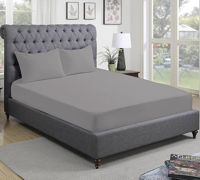 300 Thread Count 100% Pure Egyptian Cotton Bedding Fitted Sheets Stretches Up to 28cm Deep (Gray, Double: 137x193cm)