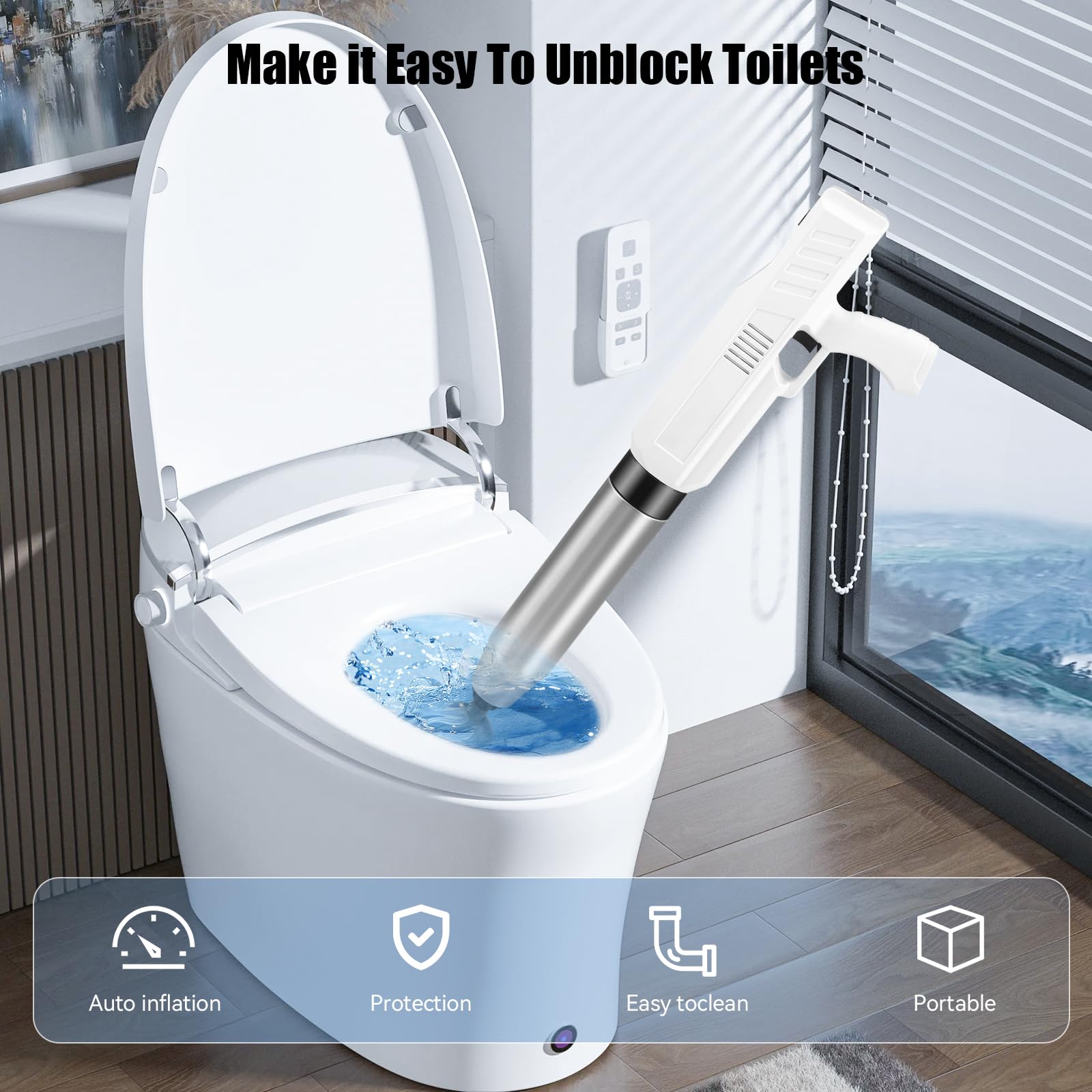 Déboucheur WC Électrique, Déboucheur de Toilette Haute Pression, Déboucheur Canalisation Air Comprimé avec 4 Têtes Remplaçables, pour Déboucher les Toilettes, Drain de sol, Lavabo, Baignoire