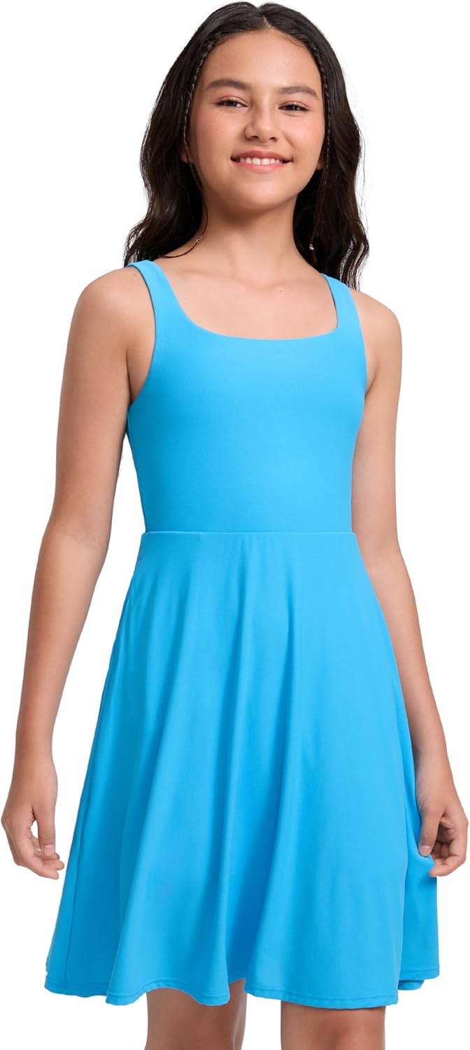 CRZ YOGA Girls Cloudweight Double Lined Square Neck Casual Dress - Dance Tennis Athletic Pockets Knee Length Sleeveless Teen
