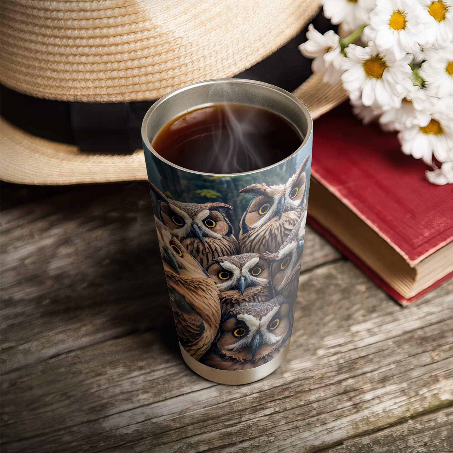20oz Funny Selfie Owls Tumbler, Gifts for Owl Lovers, Café Tumbler, Stainless Steel Double Wall Vacuum Insulated Coffee Mug, Travel Cup with Lid