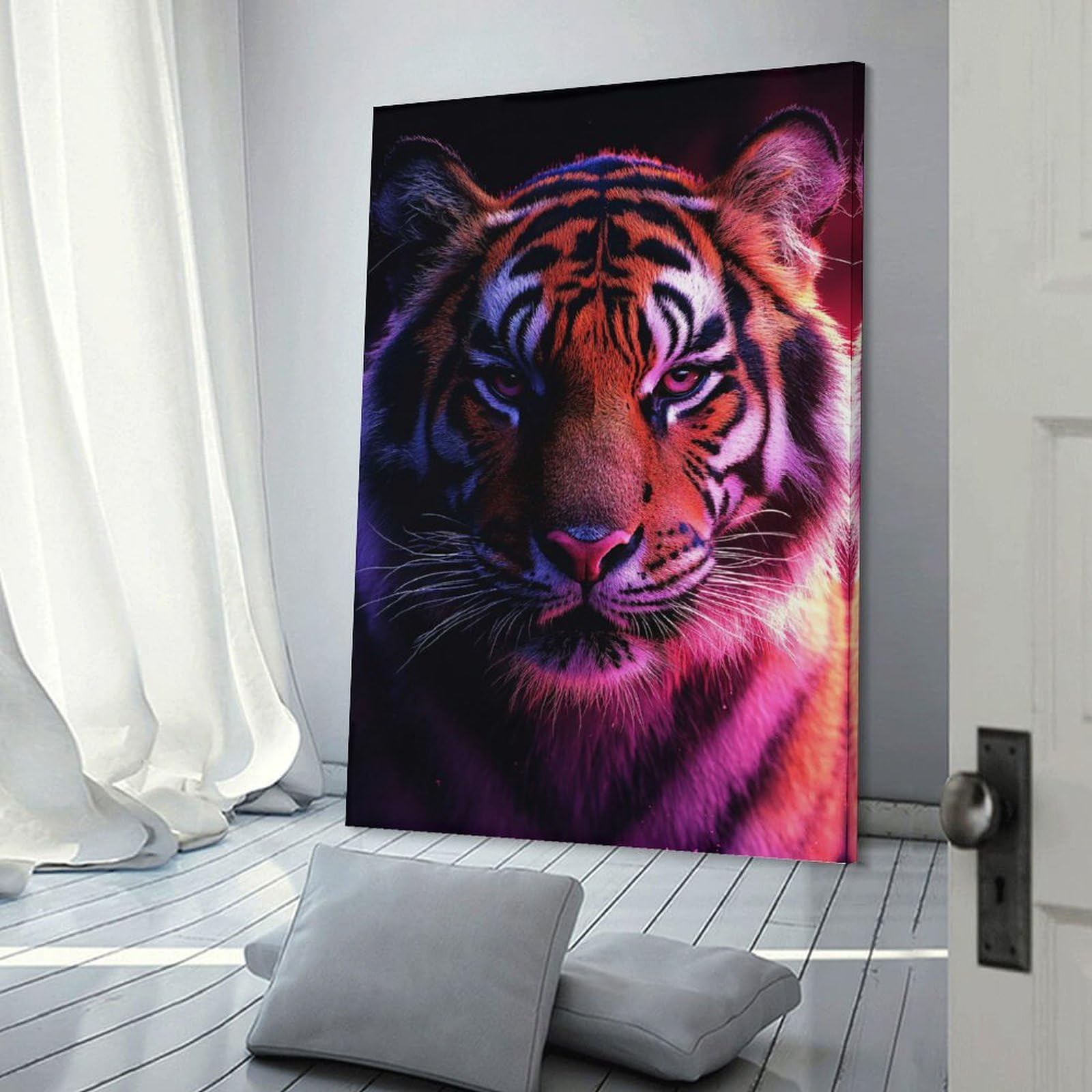 Close-up Tiger Portrait with Neon Lighting Wall Picture Print 24x36inch(60x90cm), for Entryway, Lounge Links Or Small Walls, Decorative Wall Art for Narrow Spaces