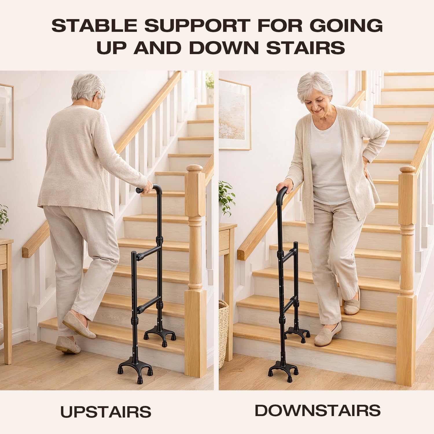 Stair Climbing Assist Cane for Seniors, Height & Width Adjustable Stair Cane, Sturdy Eight-Legged Support 330 LBS, Durable & Anti-Slip for Elderly, Sore Knees, Post-Surgery