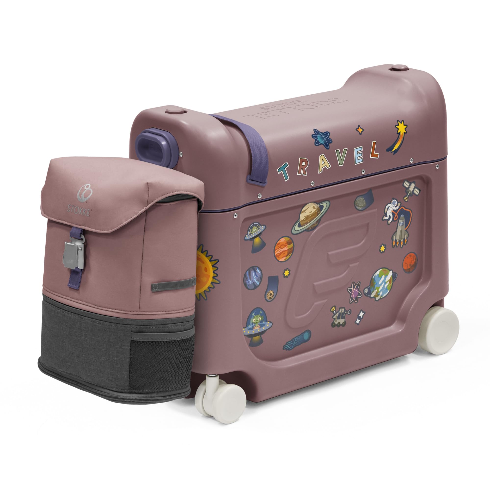 Stokke JetKids Travel Bundle, Hazy Lilac - Includes BedBox Ride-On Suitcase & Backpack - Best for Kids 2-7 Years Old (Up to 77 lbs)