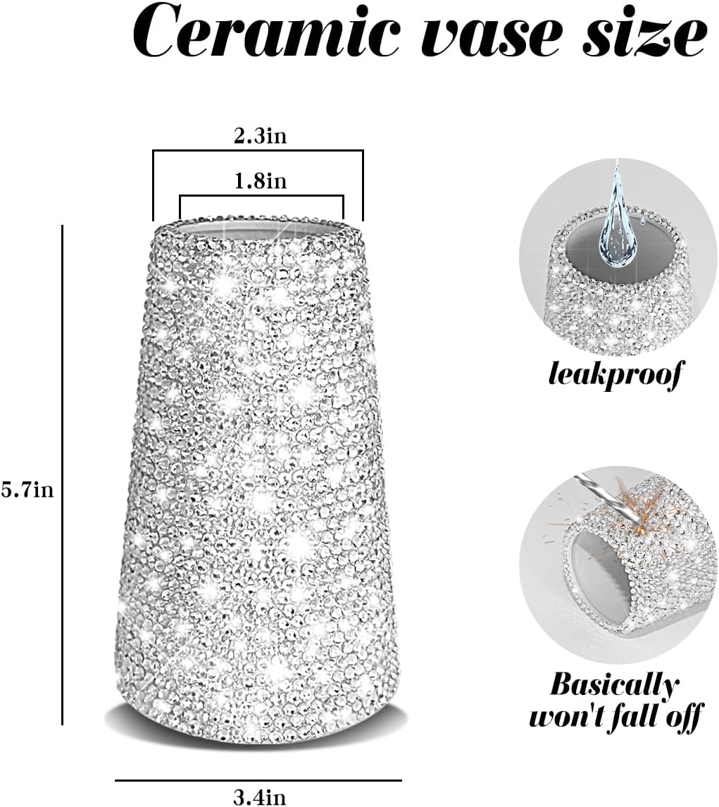 Bling Vase for Flowers Plants,6" Ceramic Vases for Modern Table Shelf Home Decor Wedding Decor, Elegant Vase for Pampas Grass Fluffy Stem Bouquet Lavender Flowers (Silver)