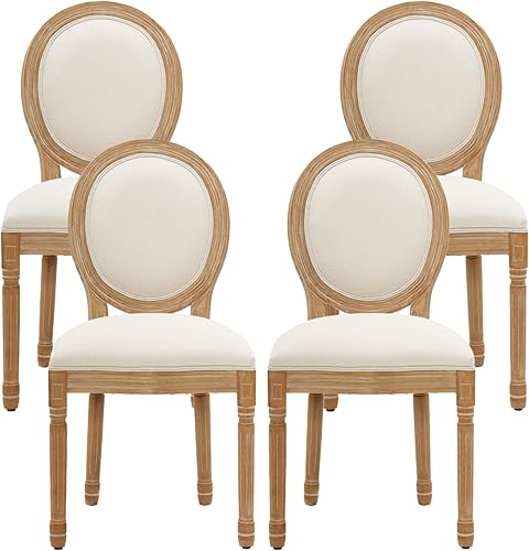 Furniliving Juego de 4 sillas de comedor francesas de campo, sillas de comedor tapizadas con respaldo redondo, sillas de cocina de granja para sala